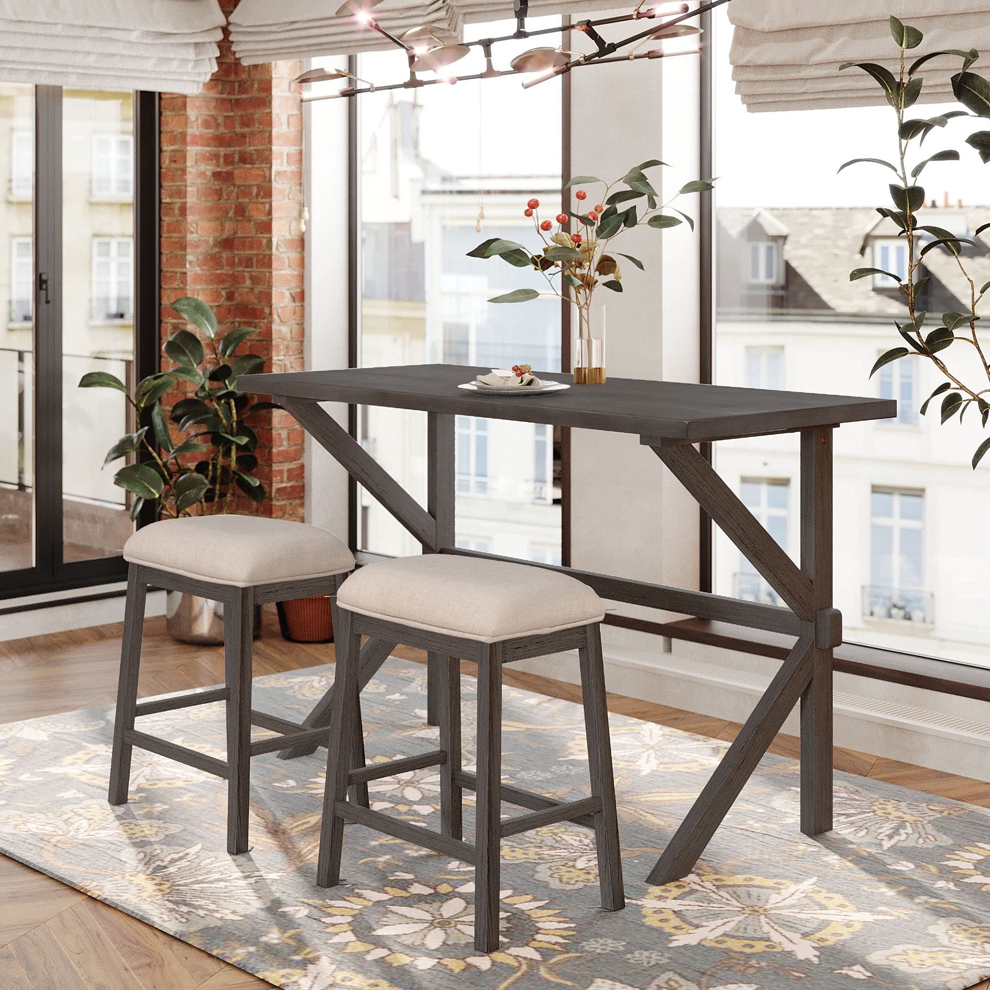 3-Piece Counter Height Kitchen Dining Table Set with 2 Stools - Rustic Farmhouse Style Wood Tabletop - Perfect for Small Spaces, Breakfast Nooks & Bistro Dining