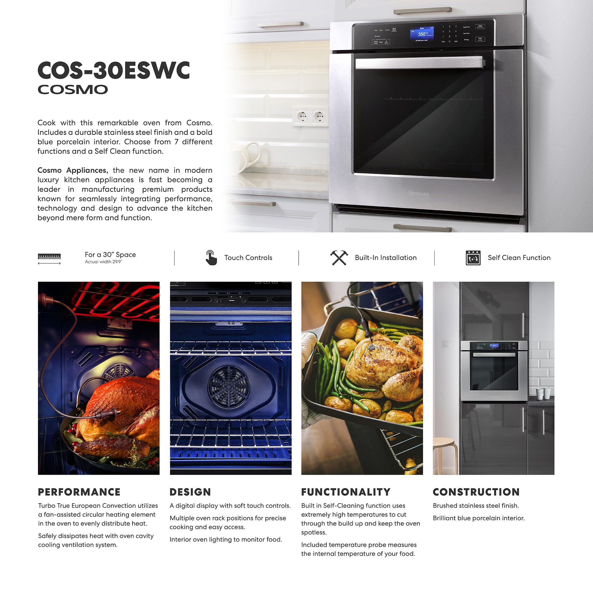 COSMO COS-30ESWC 30-Inch Stainless Steel Electric Wall Oven - 5 cu.ft Capacity, True European Convection & Self-Cleaning | Perfect for Baking, Roasting & Entertaining in Modern Kitchens
