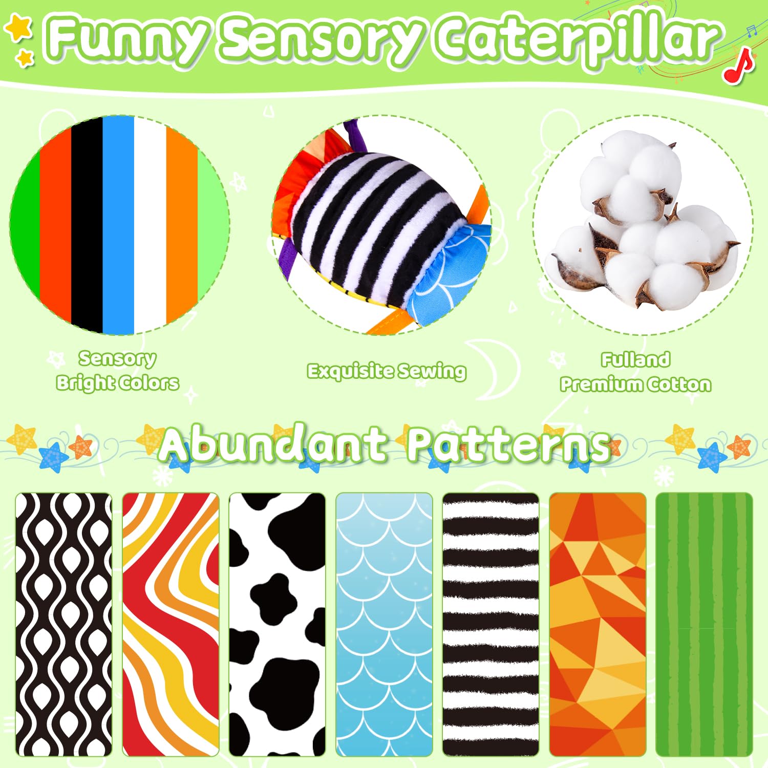 Soft Sensory Baby Toys 0-12 Months - Crinkle, Rattle & Mirror Developmental Toys for Newborn Boys & Girls | Tummy Time, Teething & Early Learning Play | Green Caterpillar Plush Musical Toy Gift for Infants