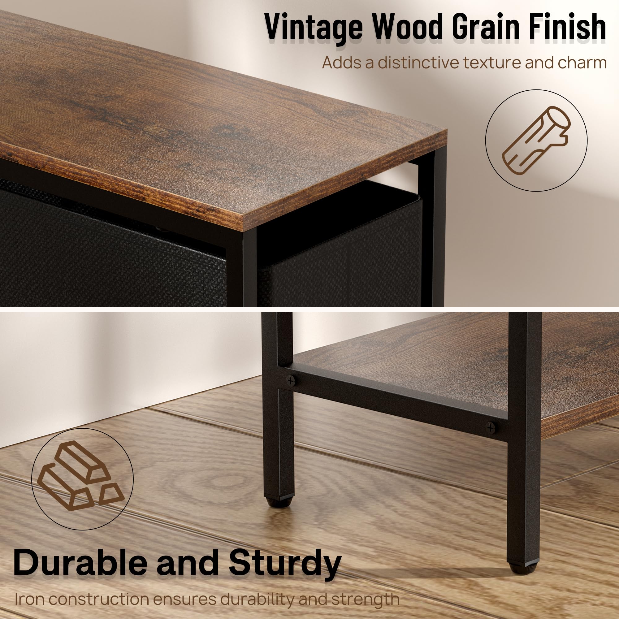 Allinside Narrow Side Table - Slim End Table with Charging Station & Fabric Drawer for Small Spaces, Rustic Brown Nightstand with Storage | Perfect Bedside Table for Living Room, Bedroom, Dorm & Apartment | Space-Saving Furniture for Compact Areas
