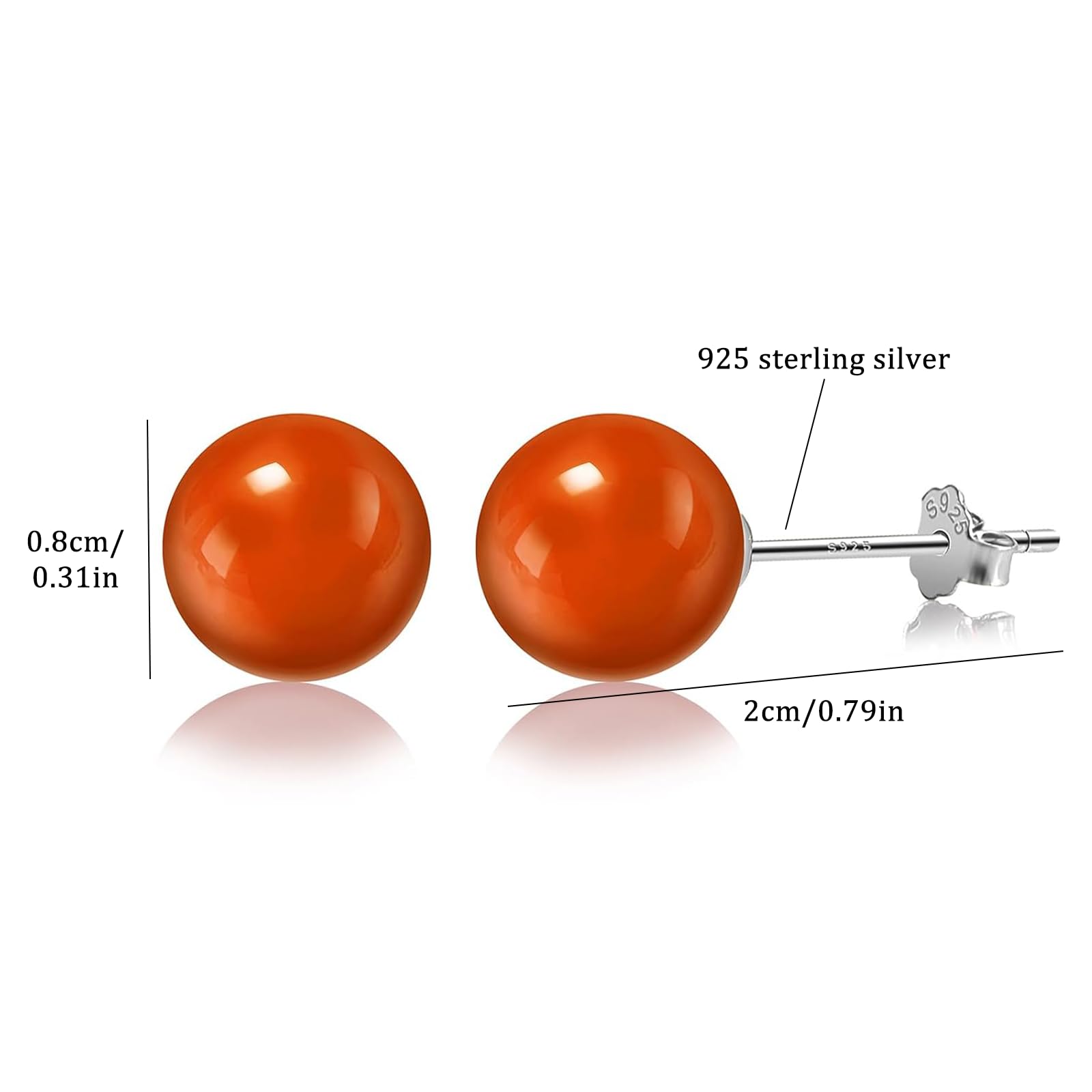 Natural Carnelian Stud Earrings for Women - 8mm Sterling Silver Hypoallergenic Handmade Gemstone Jewelry | Perfect for Everyday Wear, Gifts & Special Occasions