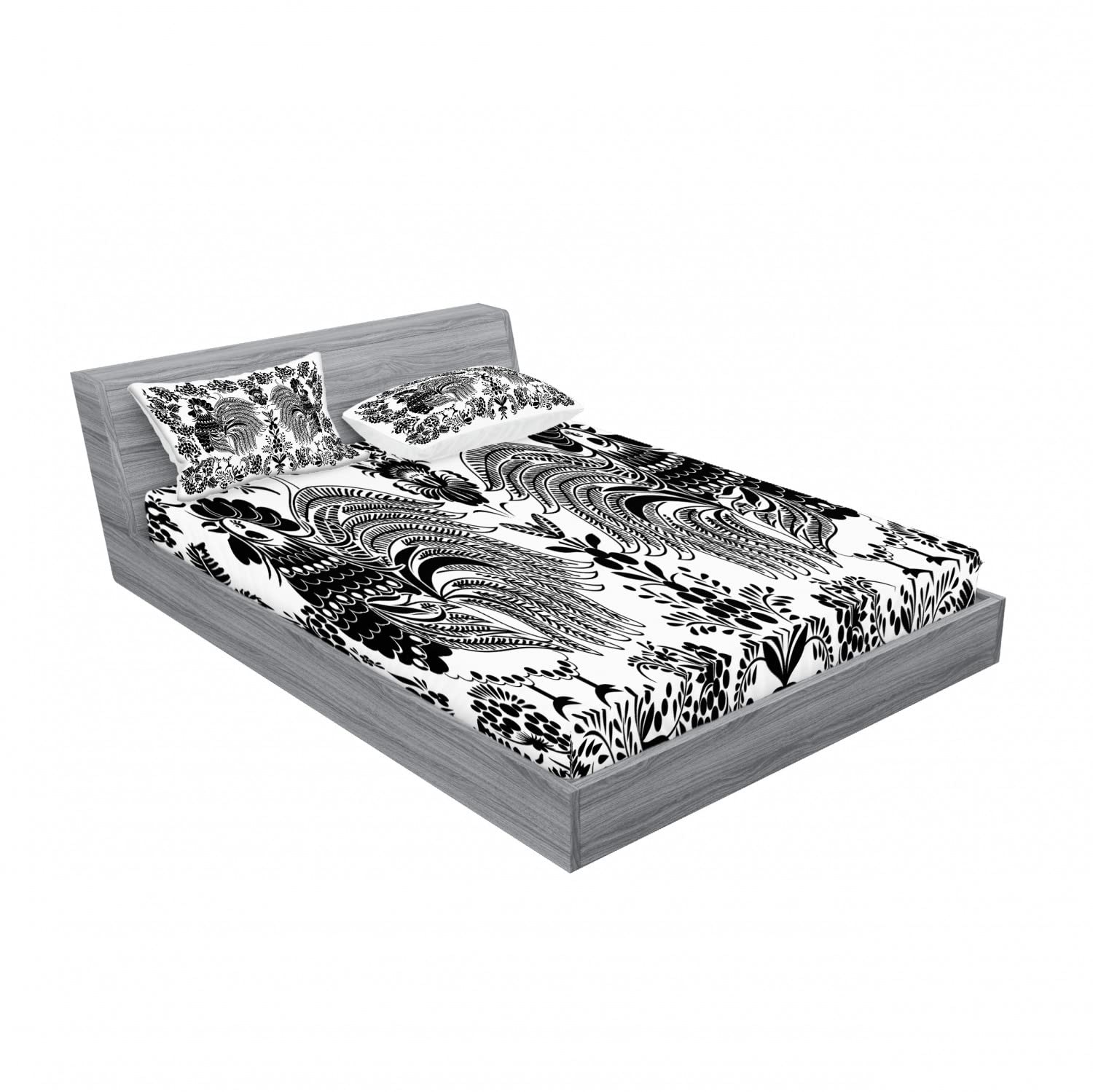 Lunarable Gallus 2-Pack Queen Size Fitted Sheet & Pillow Sham Set - Ukrainian Folk Tale Rooster Design, 4-Piece Bedding Decor (2 Fitted Sheets + 4 Pillow Covers) in White & Black - Perfect for Bedroom, Guest Room & Farmhouse Decor