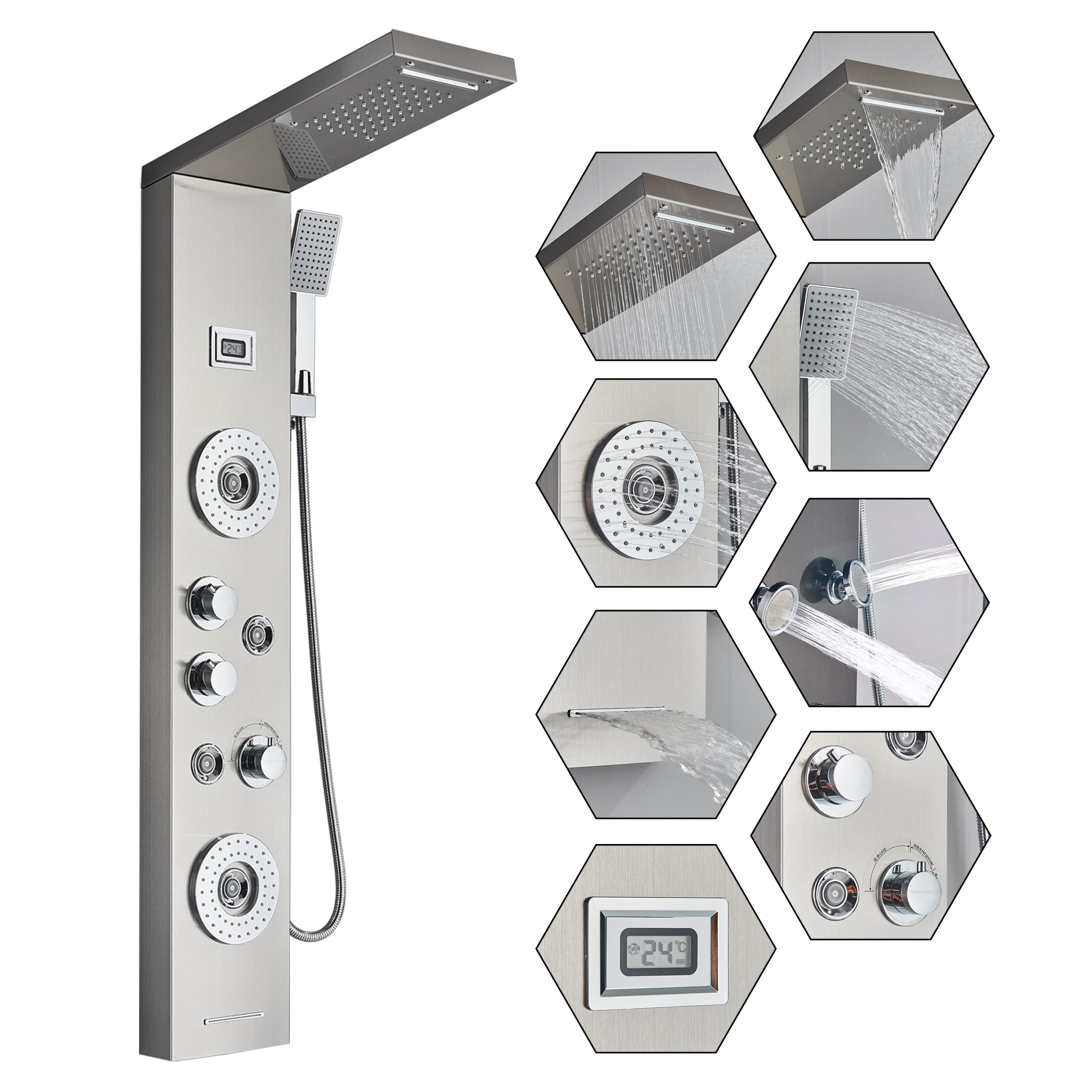 Brushed Stainless Steel Shower Panel with LCD Display - 6 Function Hydro Massage System for Spa-Like Bathroom Experience - Perfect for Modern Home & Luxury Bathroom Renovations
