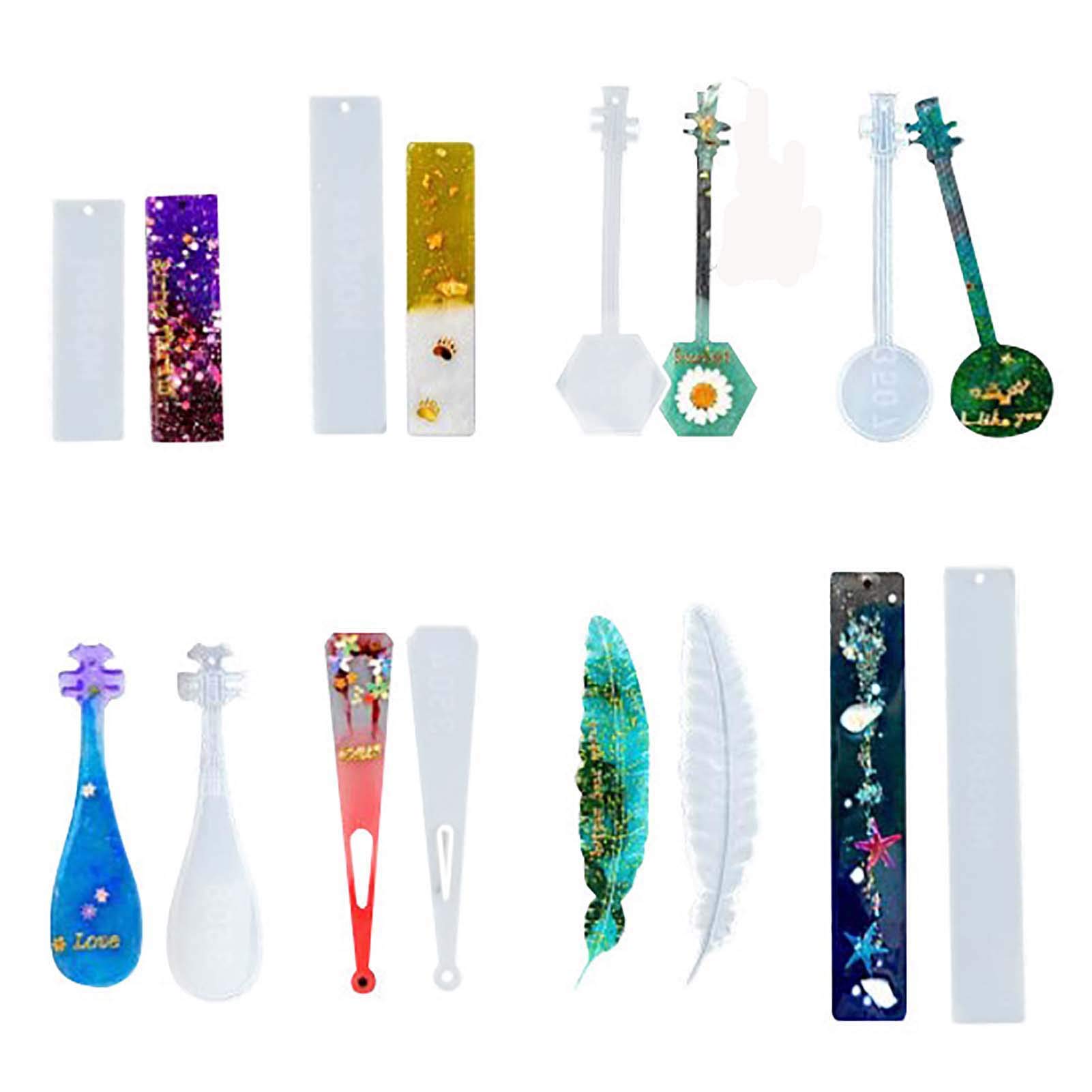 WOPODI 8-Piece Silicone Bookmark Molds Set - Transparent Rectangular Resin Molds with Feather & Music Note Designs for DIY Jewelry, Pendants & Epoxy Crafts (Includes Hole for Hanging) - Perfect for Handmade Bookmarks, Gift Tags & Scrapbooking Projects