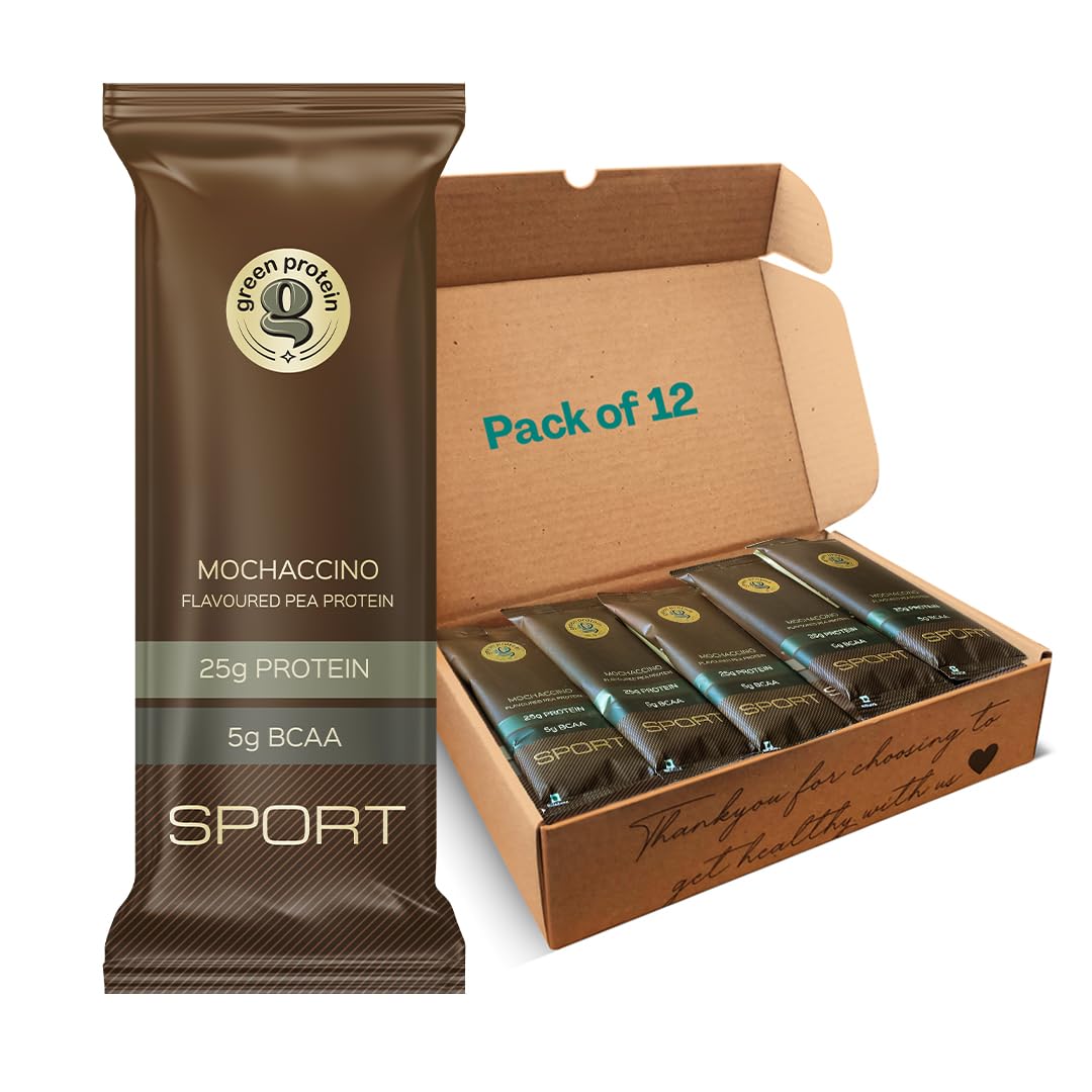 GREEN PROTEIN Sport Pea Protein Isolate Powder - 100% Vegan, 25g Plant-Based Protein, Non-GMO, Gluten-Free (12 Pack, Mochaccino Flavor) - Ideal for Post-Workout Recovery, Smoothies & Baking
