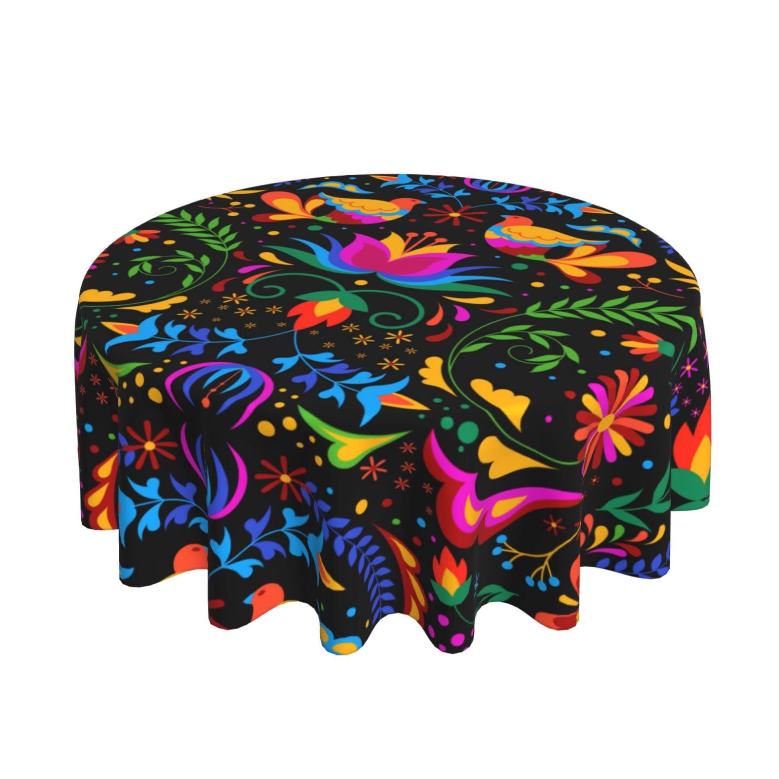 60 Inch Round Black Mexican Bird Flower Tablecloth - Spill Proof & Durable for Dinner Parties, Picnics, Camping & Mexican Themed Decor | Washable Table Cover for Indoor & Outdoor Use