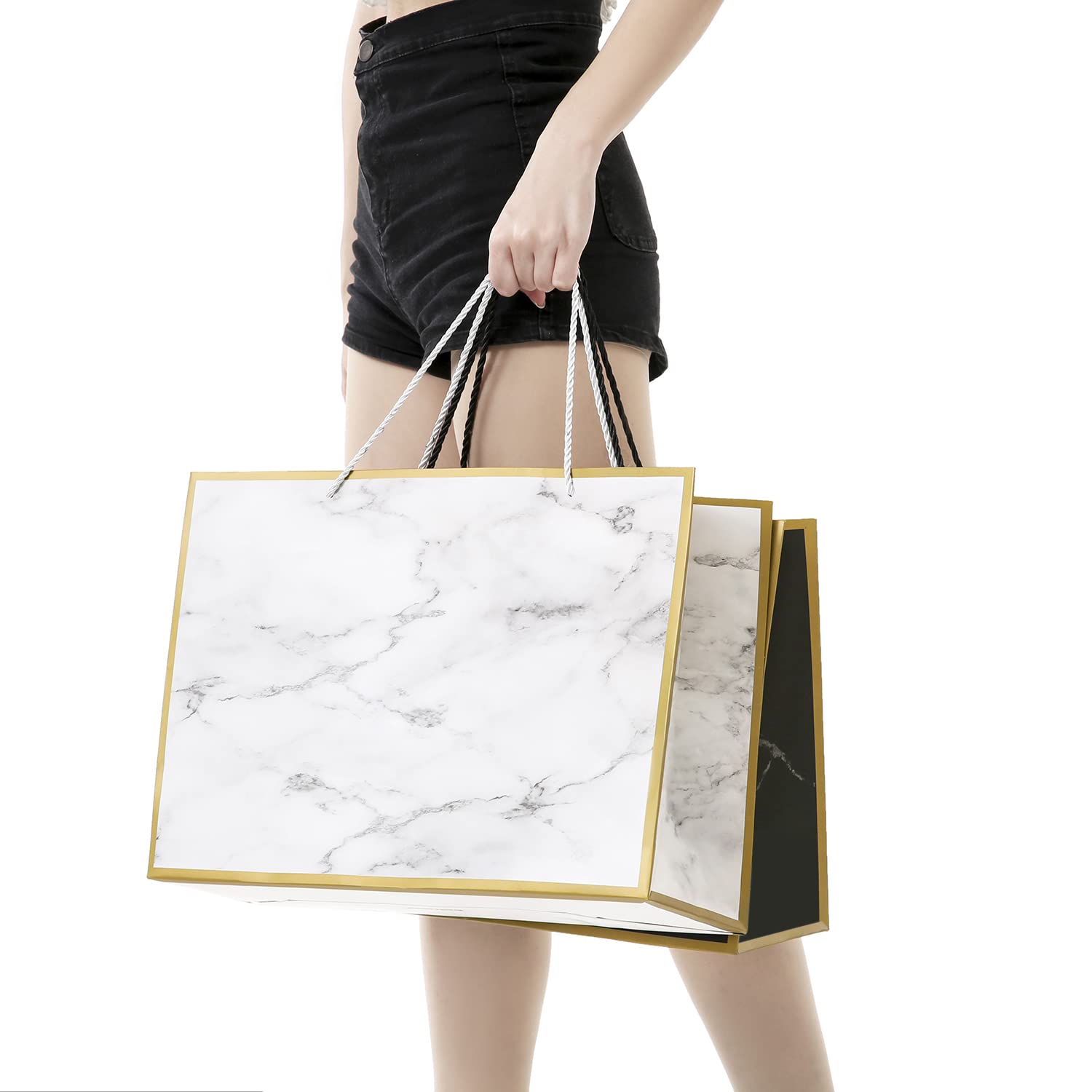 10 Pack Extra Large White Marble Gift Bags 16x6x12 Inches - Bulk Wedding Favor Bags with Handles for Presents, Party Favors & Holiday Gifting