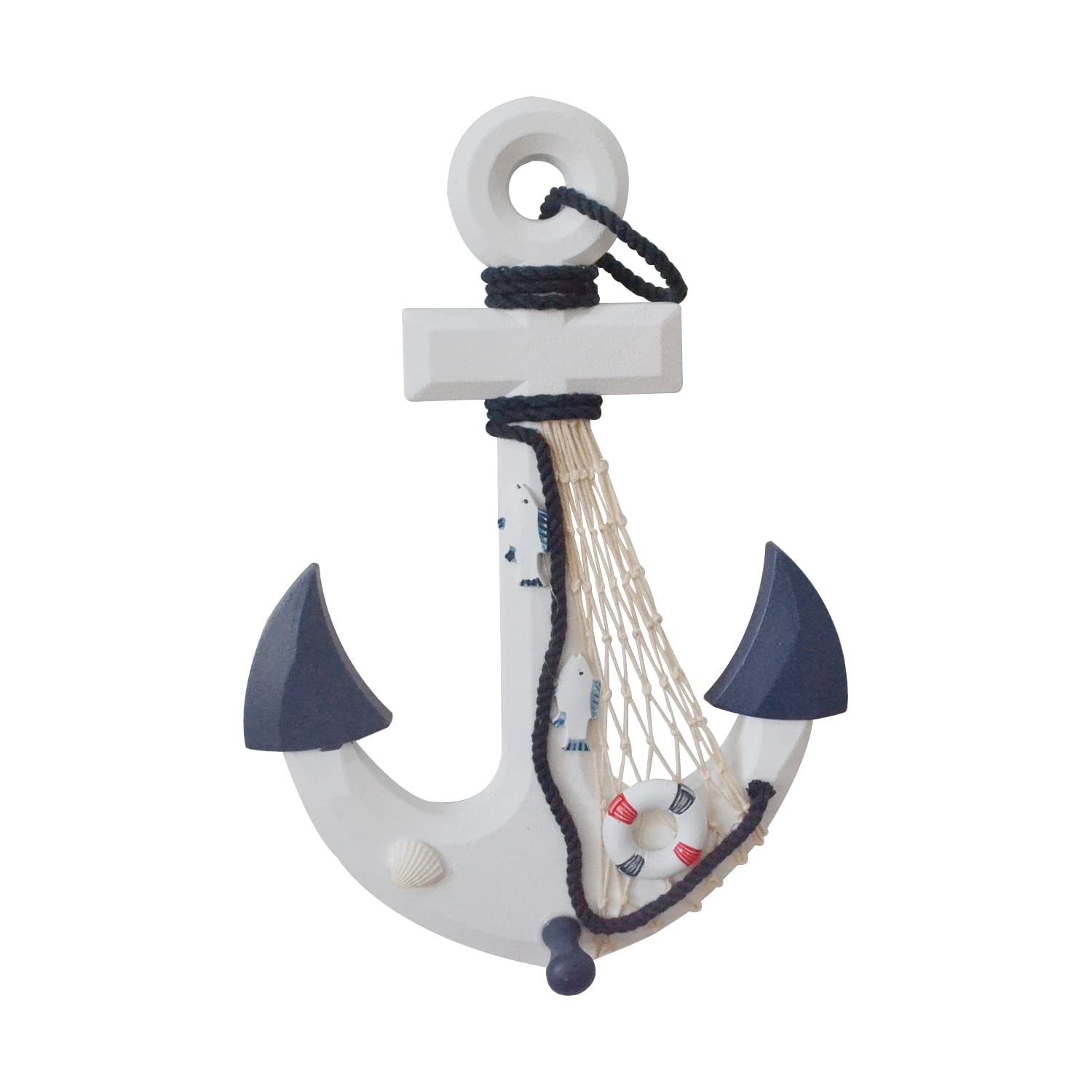 Nautical Wooden Anchor Wall Decor - Blue & White Mediterranean Style Wall Sculpture with Fishnet & Lifebuoy (12.6x9 Inch) - Perfect for Beach Theme Bedroom, Living Room & Home Decoration | Coastal Decor, Bathroom Accent, Seaside Cottage Style