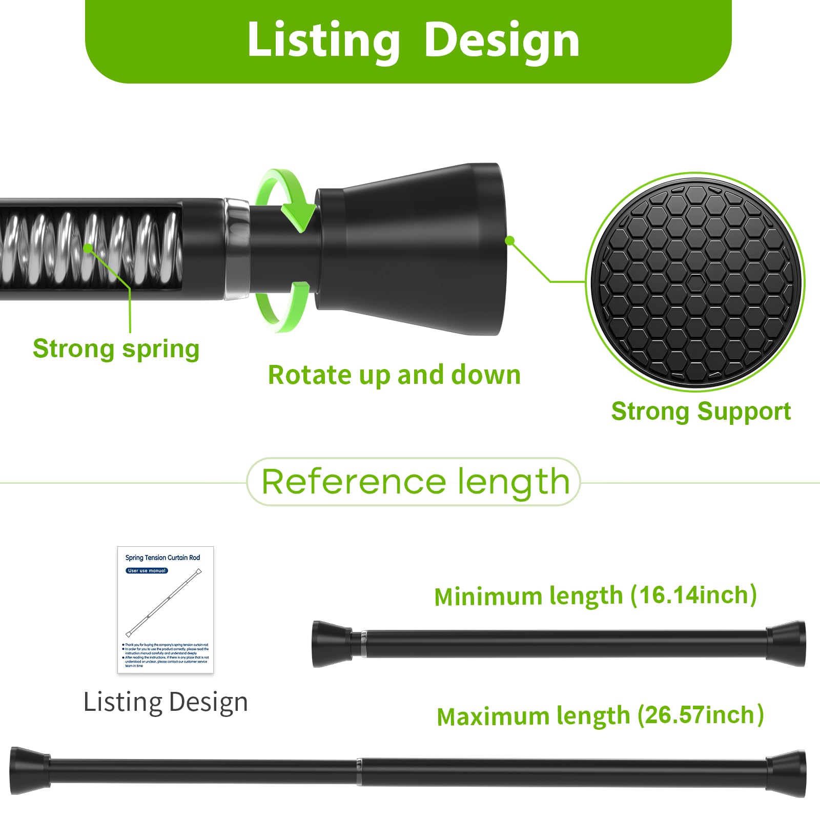 Black Tension Rods 18-28 Inch Adjustable No Drill Spring Curtain Rod - Expandable Pressure Shower Tension Rod for Closet, Kitchen, Bathroom & Window Decor - Perfect for Small Spaces & Temporary Room Dividers