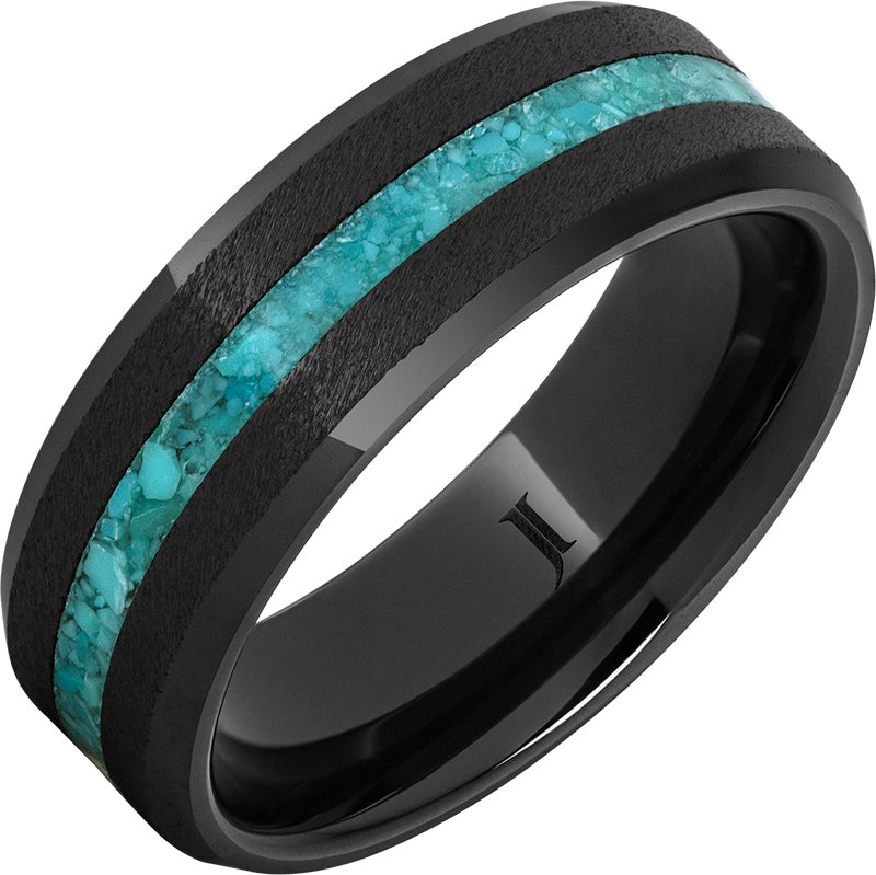 Black Diamond Ceramic Ring with Turquoise Inlay - Elegant Grain Finish for Men & Women - Perfect for Engagement, Wedding & Anniversary Gifts