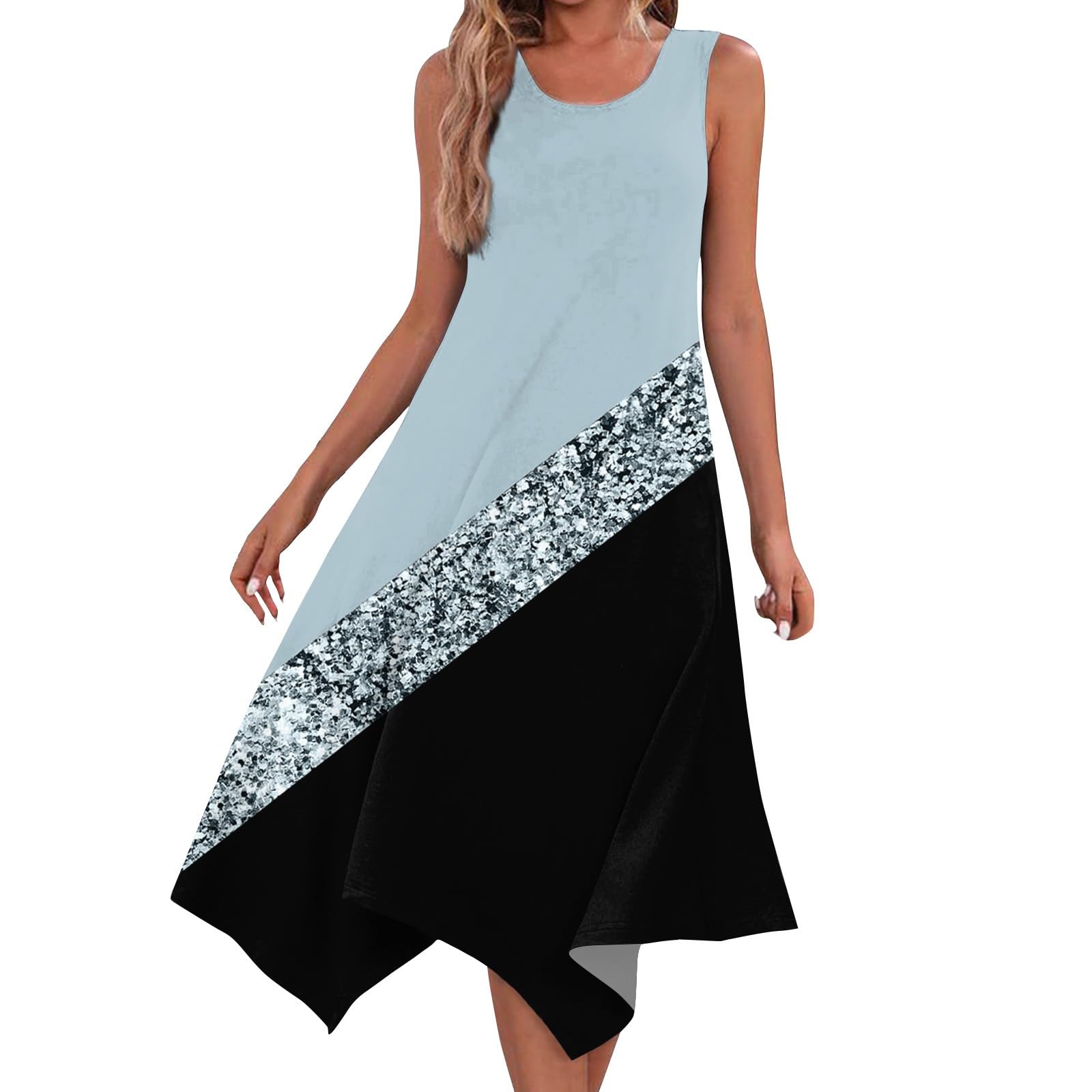 Women's Summer Casual Vintage Print Crewneck Sleeveless Tunic Dress with Irregular Hem - Perfect for Wedding Guest, Beach Party & Outdoor Events