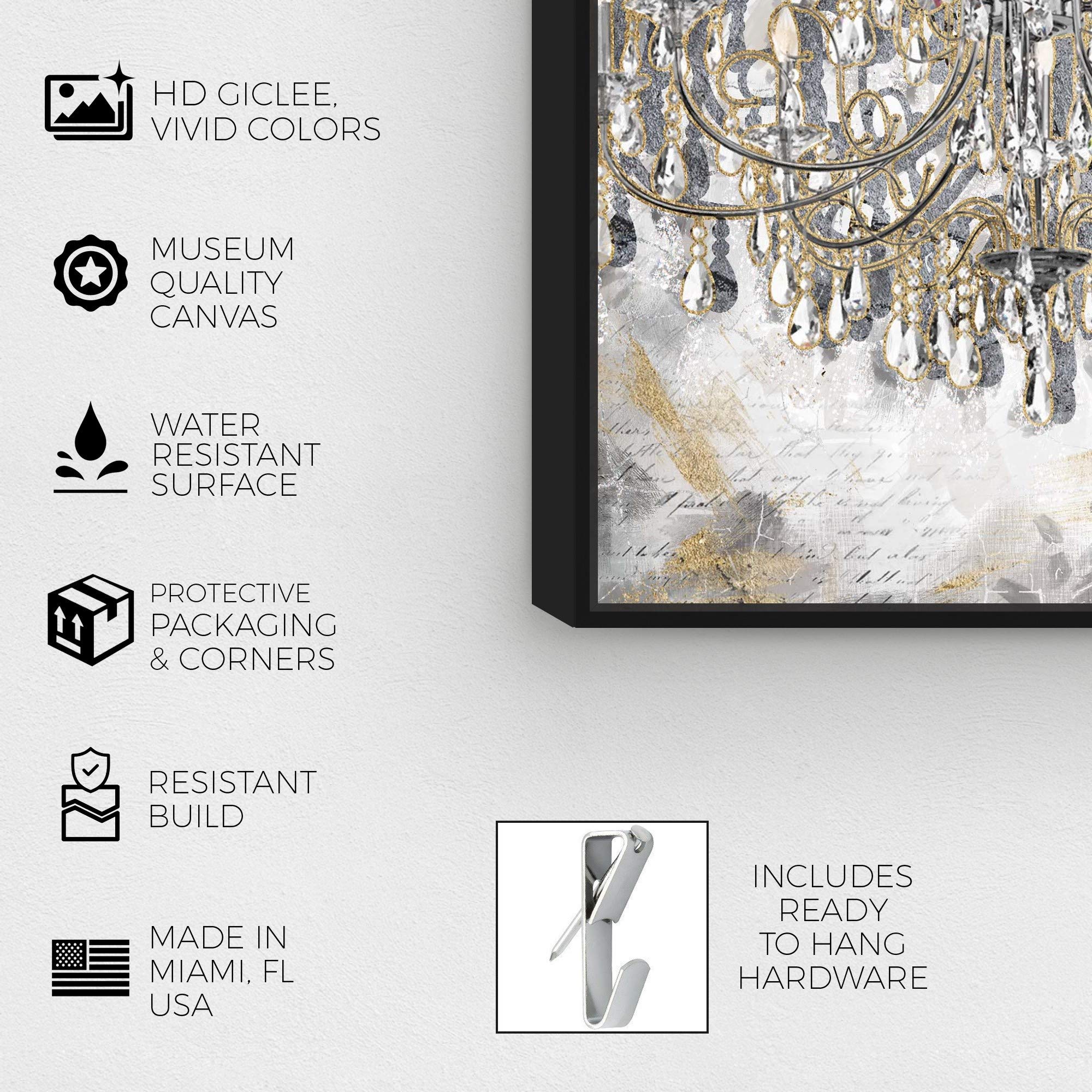 Oliver Gal Artist Co. Fashion & Glam Wall Art - Framed Canvas Print 'Calligraphy Chandeliers' in Gold & Gray (10x15 inches) - Elegant Home Décor for Living Room, Bedroom & Office