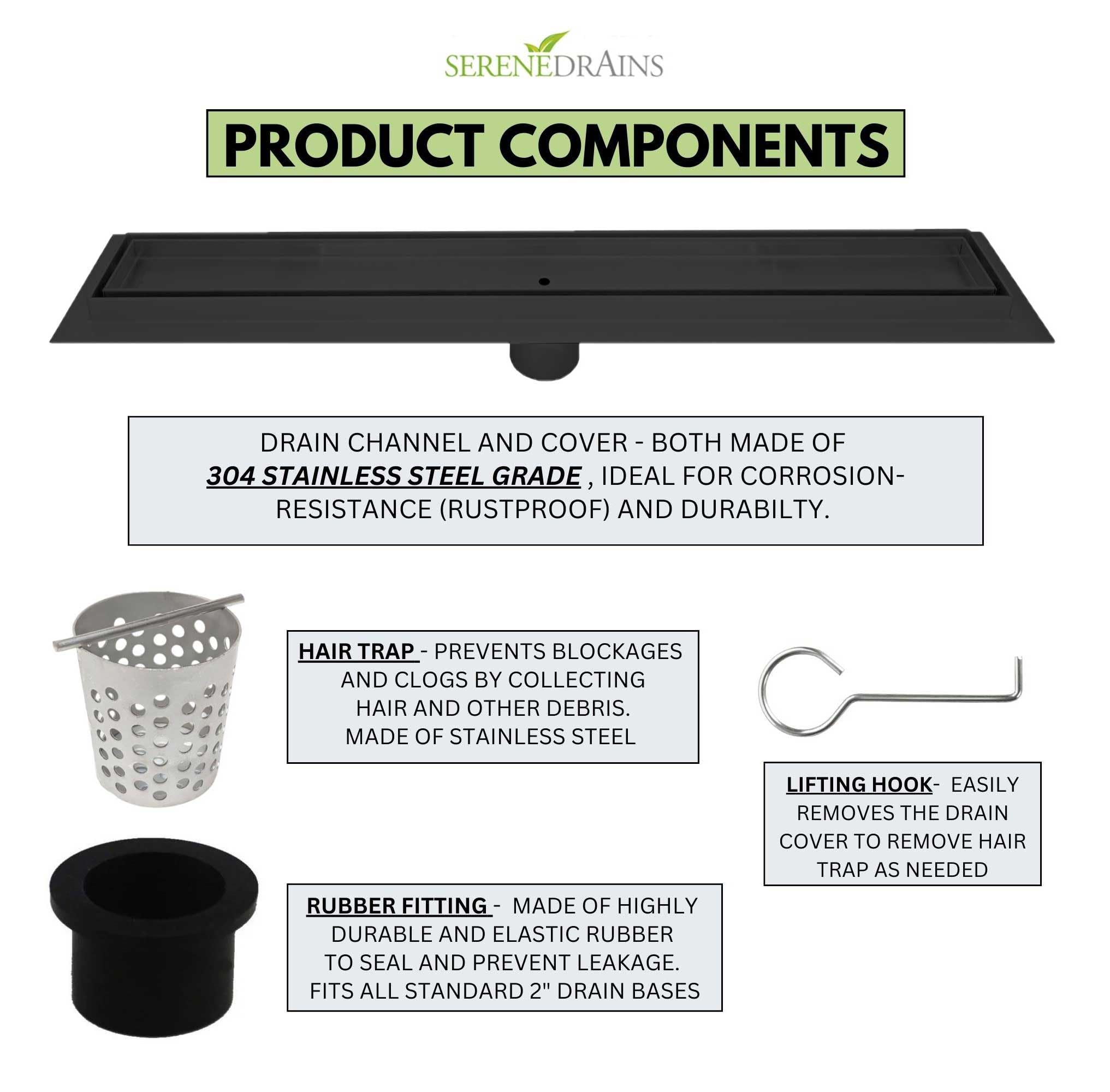 SereneDrains 35 Inch Linear Shower Drain - Matte Black Stainless Steel with Luxurious Tile Insert - Perfect for Modern Bathroom Renovations & Luxury Home Upgrades