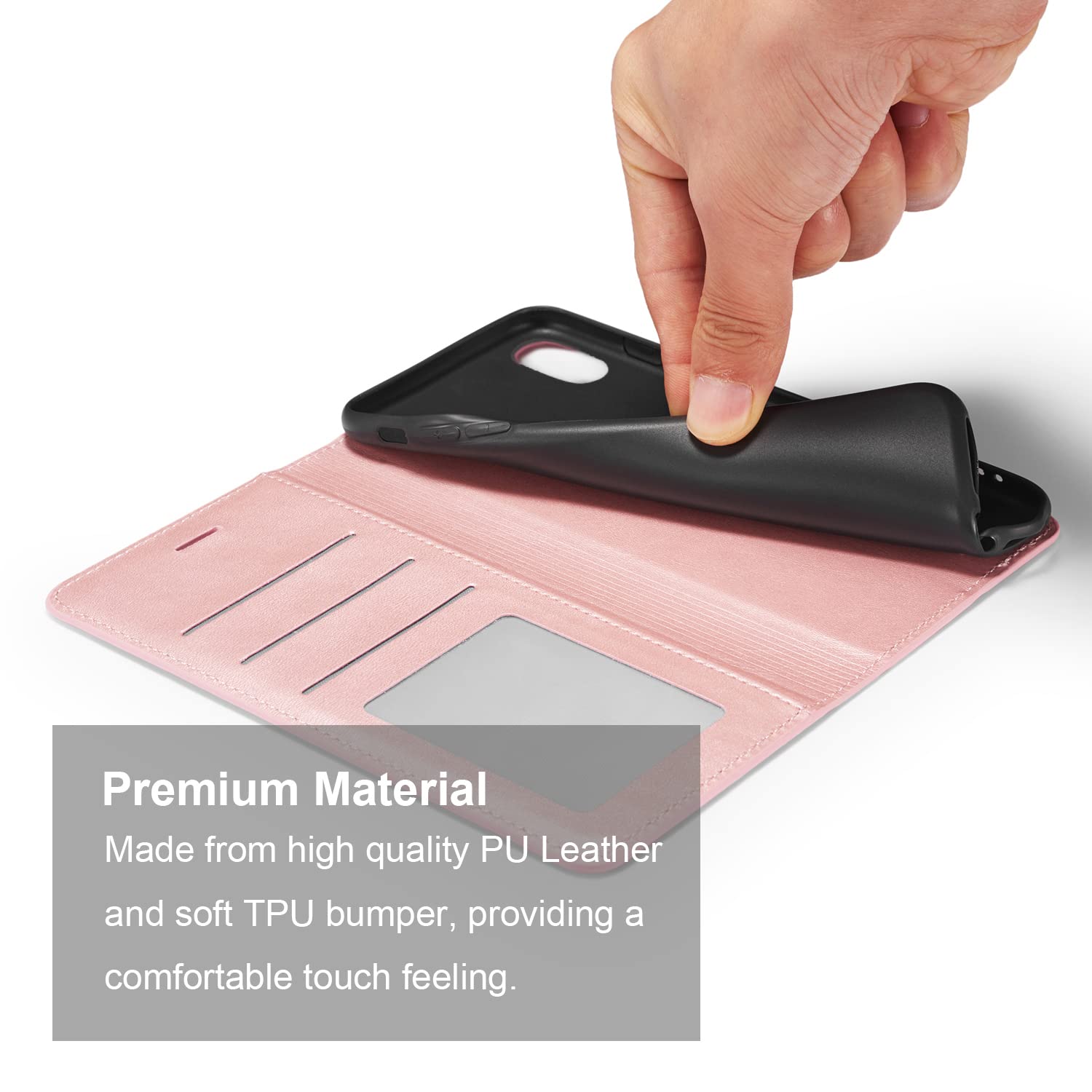 Premium PU Leather iPhone XR Case (6.1 inch) with Card Holder, Kickstand & Magnetic Closure - Shockproof Flip Folio Wallet Cover for Women & Men - Perfect for Work, Travel & Daily Use - Rose Gold