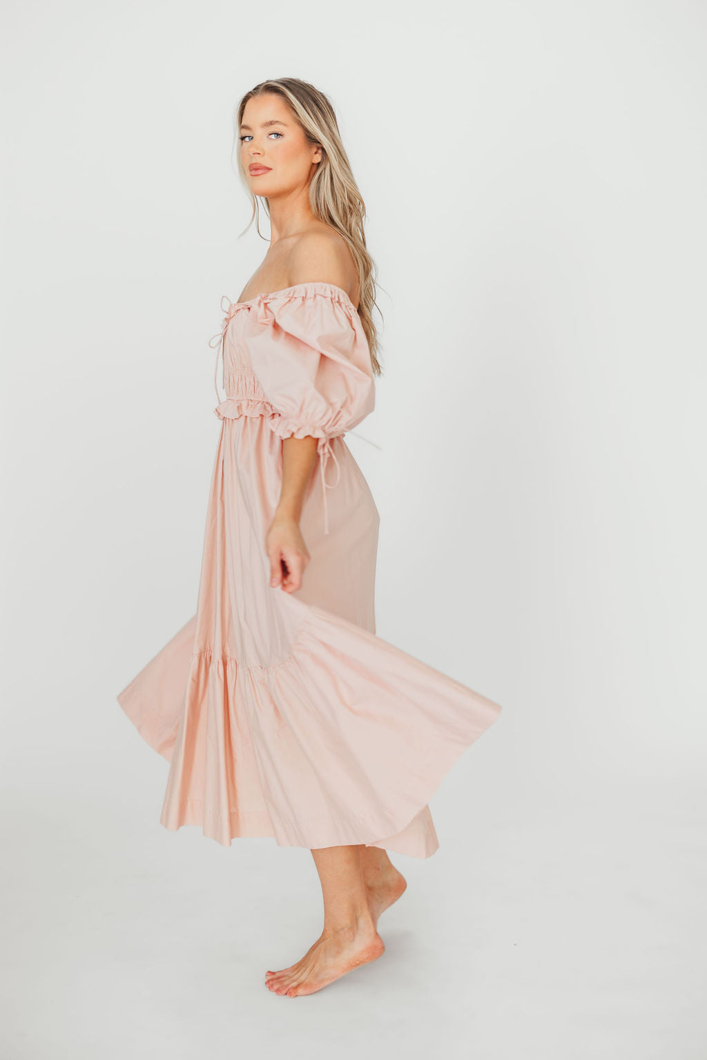 Crissy Ruched Midi Dress - 100% Cotton Bump Friendly Maternity Dress in Dusty Pink | Perfect for Baby Showers, Maternity Photos & Everyday Comfort