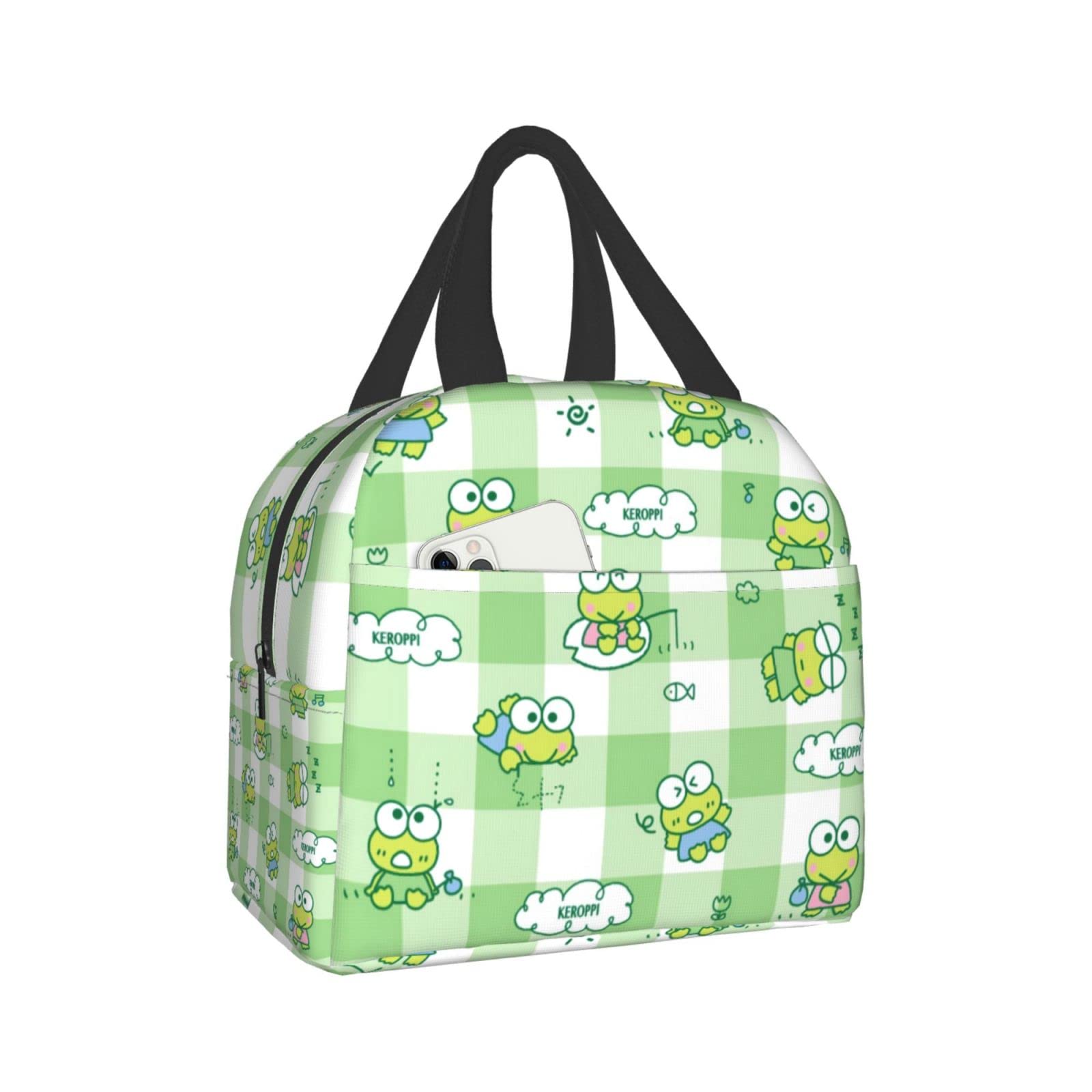 Kawaii Green Grid Anime Frog Insulated Lunch Box for Women - Cute Small Lunch Bag for Adults, Work, School & Picnics