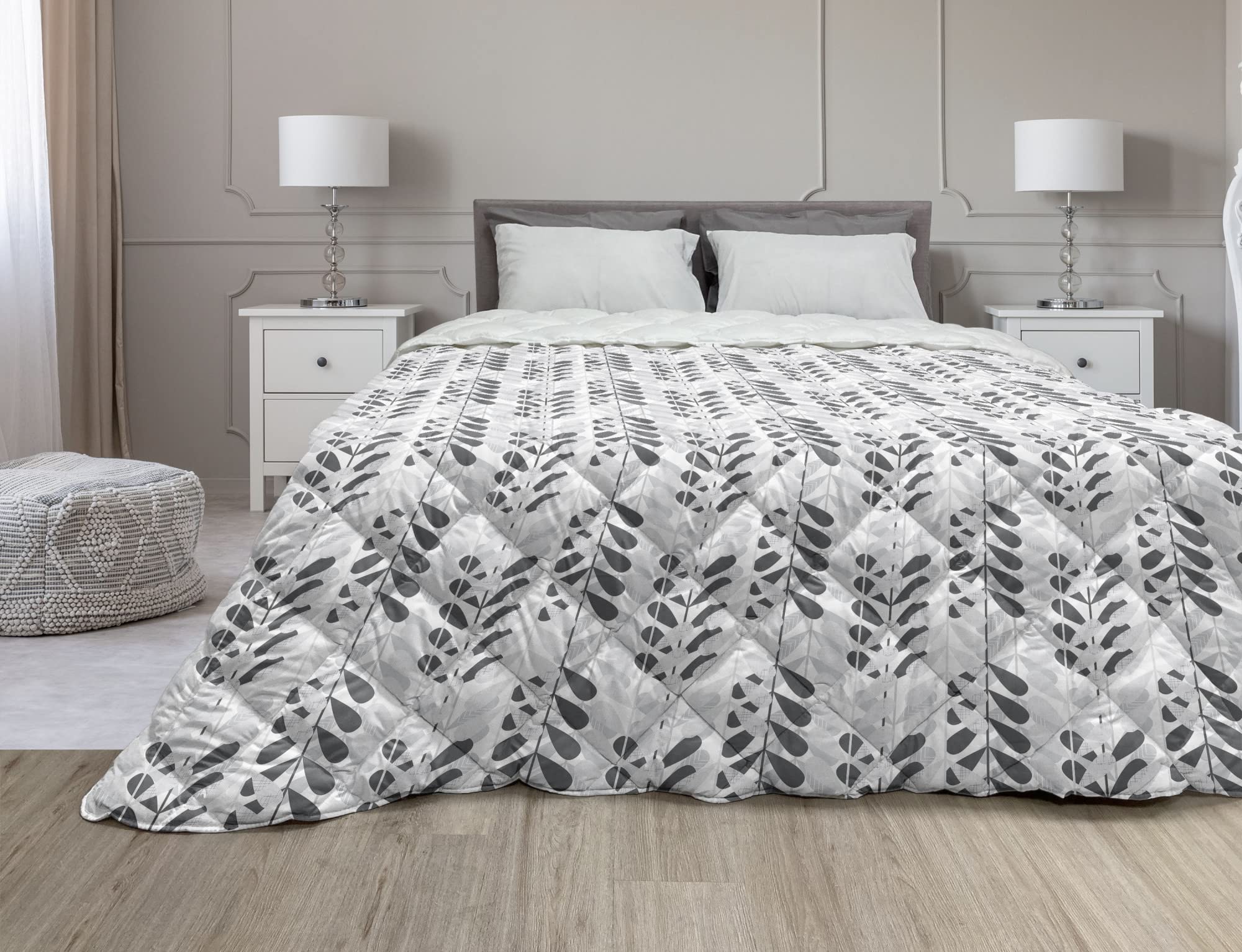 Ambesonne Botanical Down Alternative Comforter - Ethnic Leaves Pattern Microfiber Quilt for All Seasons | Twin Size White & Dark Taupe | Perfect for Bedroom Decor, Guest Room & Cozy Home Styling