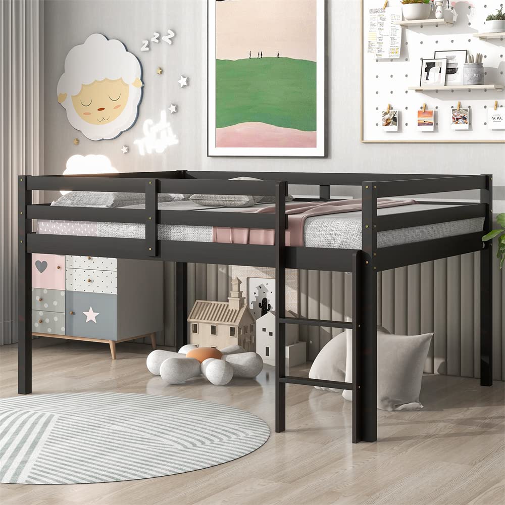 **Solid Wood Full Size Loft Bed Frame with Guardrail & Ladder - Multifunctional Low Loft Bed with Under-Bed Storage & Workstation for Kids, Teens, and Small Spaces - No Box Spring Needed - Espresso Finish - Perfect for Dorm Rooms, Bedrooms & Studio Apartments**