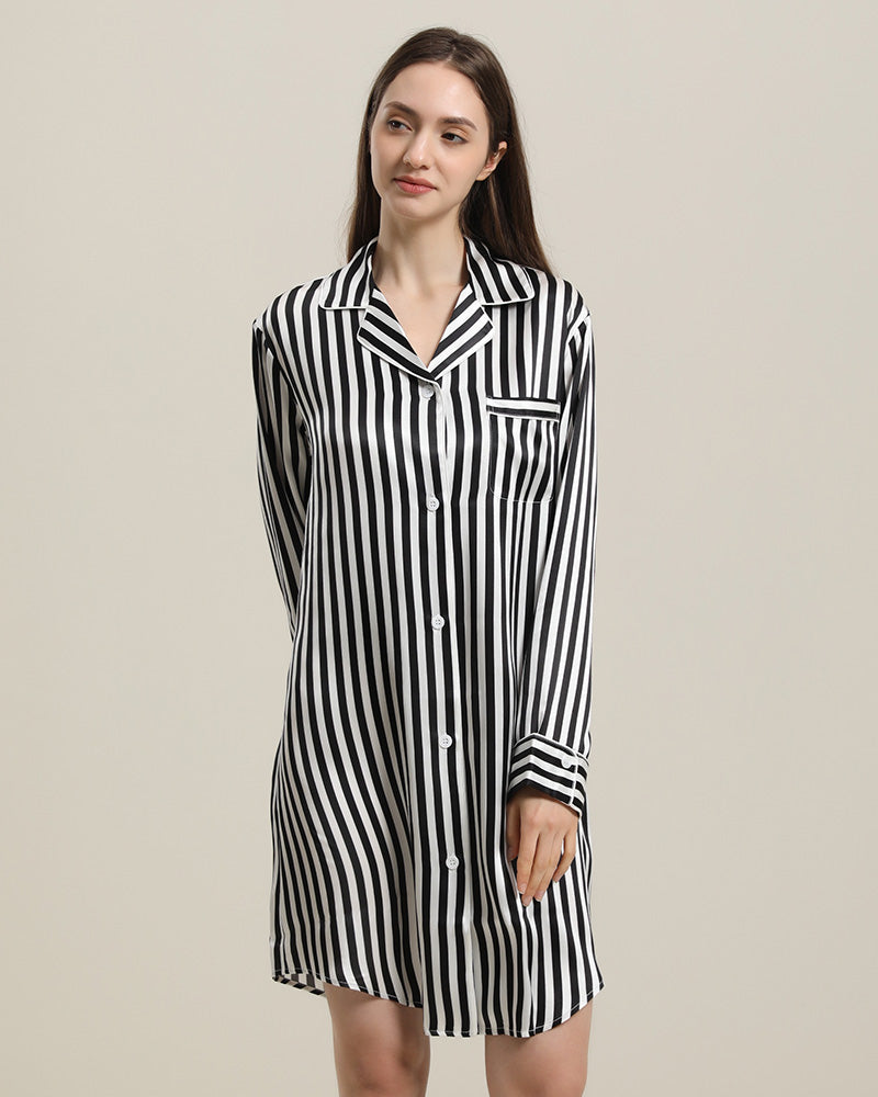 Luxury Stripe Silk Nightshirt for Women - Soft Sleepwear Pajama Set - Perfect for Relaxing at Home & Comfortable Nightwear