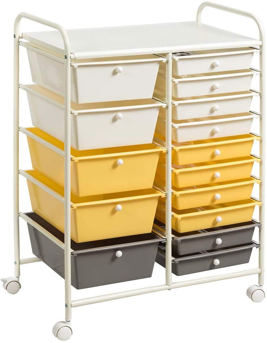15-Tier Rolling Drawer Storage Cart with 4 Wheels - Moccha Organizer for Cosmetics, Office Supplies & Files - Perfect for Home, Studio & Office Organization (Yellow)