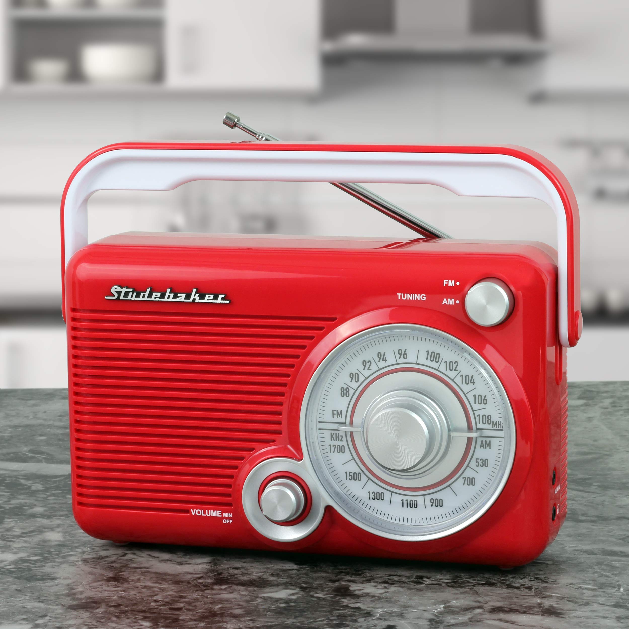 Studebaker SB2002RB Portable AM/FM Radio with Headphone Jack & Aux Input - AC/DC Power, Compact Design (Red/White) - Perfect for Camping, Emergencies & Outdoor Activities