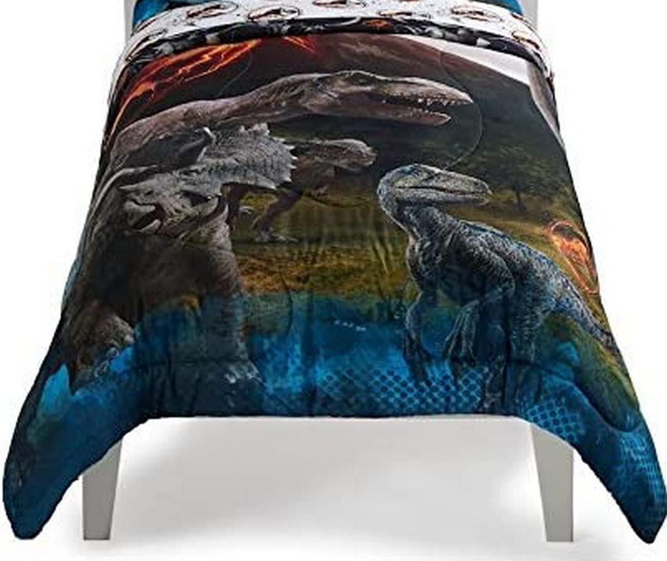 Jurassic World Reversible Comforter Set - Twin/Full Size 72x86 Inches - Predator Run Blue Dinosaur Theme Bedding - Perfect for Kids Room, Movie Fans & Dinosaur Lovers