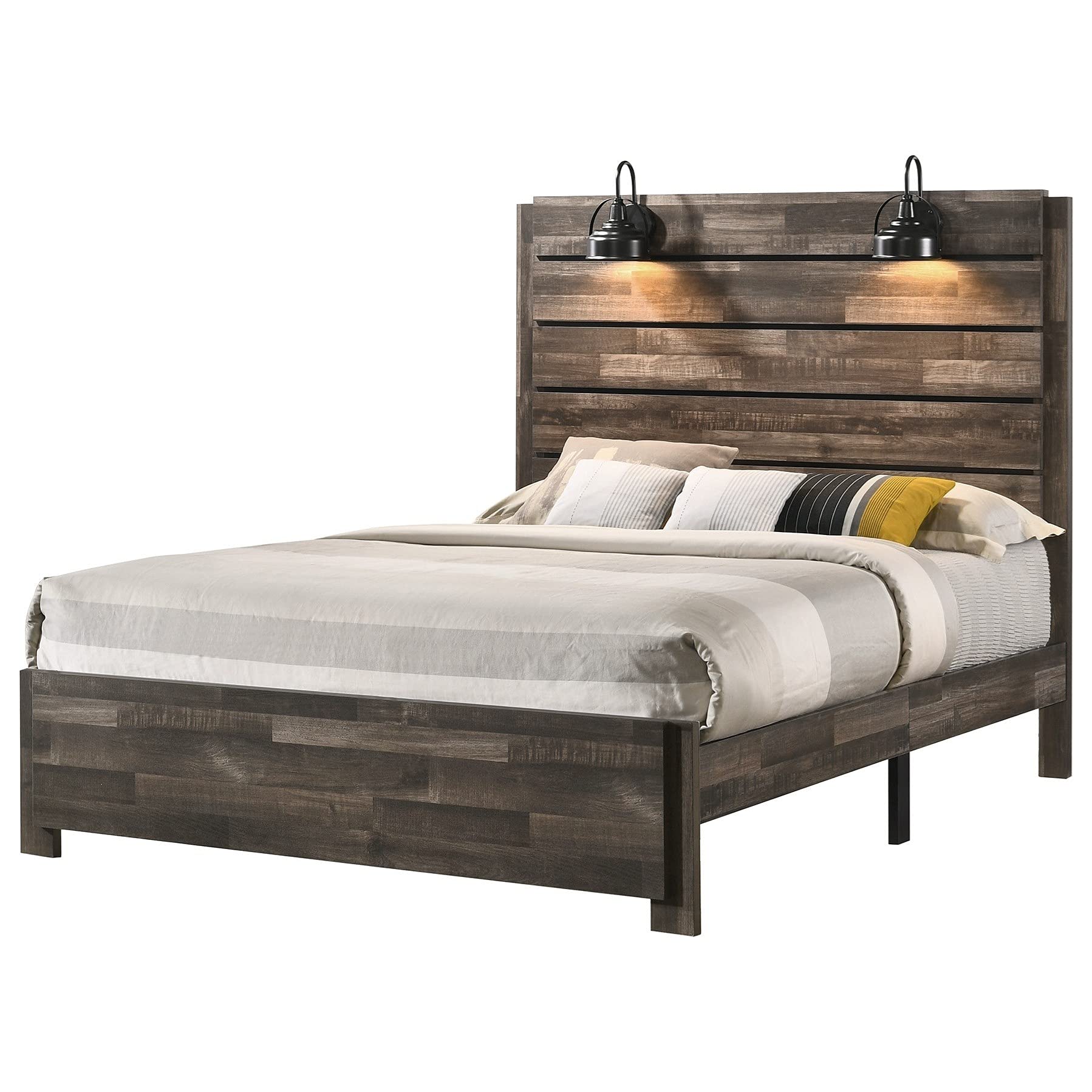 Contemporary Rustic Brown King Size Panel Bed with Built-in LED Headboard - Solid Wood Bedroom Furniture for Master Suite, Guest Room & Luxurious Home Decor