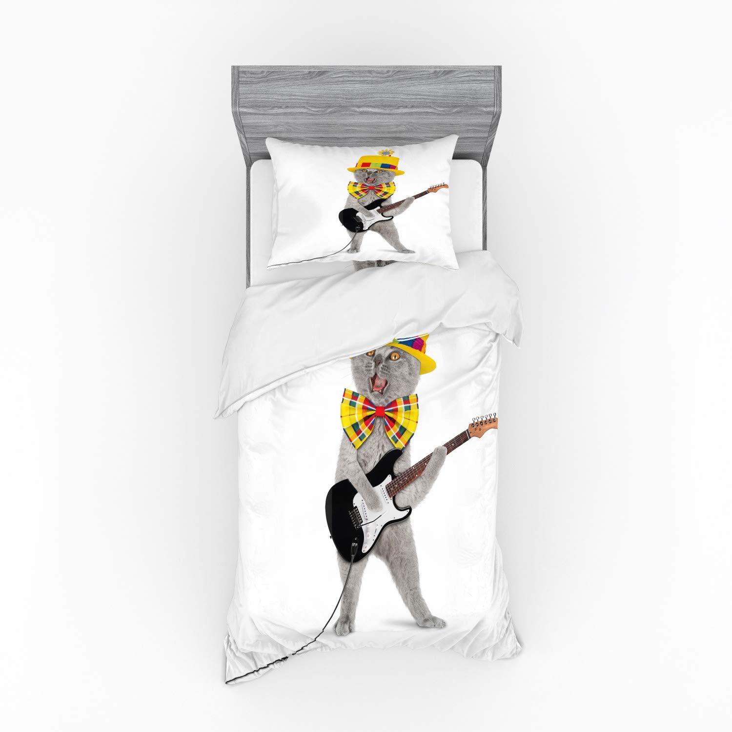 Ambesonne Cat Duvet Cover Set - Hipster Musician Kitty Playing Guitar with Fun Hat, 3-Piece Twin XL Bedding Set with Sham & Fitted Sheet, Vibrant Multicolor | Perfect for Cat Lovers' Bedroom, Birthday Gifts & Themed Party Decorations