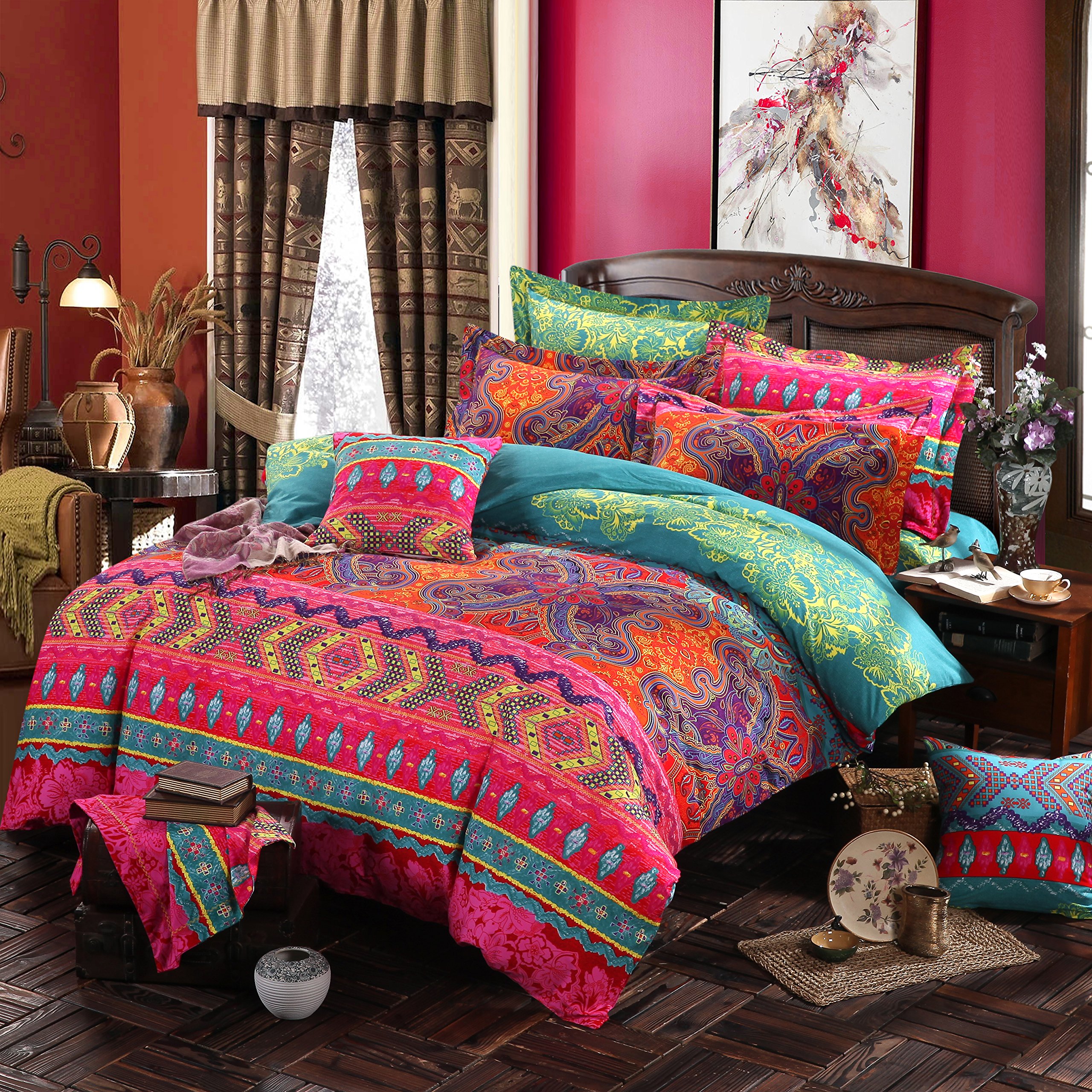 Exotic Boho Duvet Cover Set King/California King Size - 100% Brushed Cotton Soft Bohemian Bedding with Red Teal Mandala Print & Reversible Striped Design - Includes Zipper Comforter Cover + 2 Pillowshams - Perfect for Bohemian Bedroom Decor, Guest Room Makeover & Cozy Home Styling