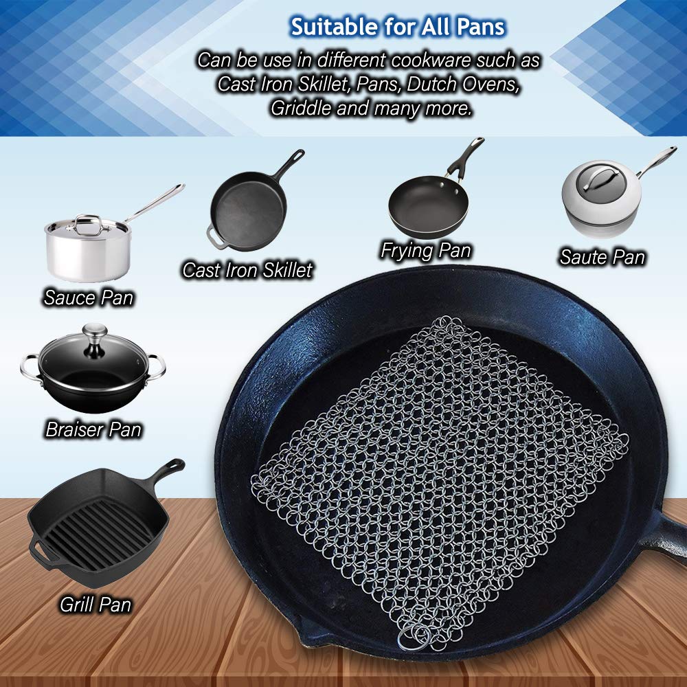 Premium Stainless Steel Chainmail Scrubber for Cast Iron Skillets, Cookware & Grills – 6