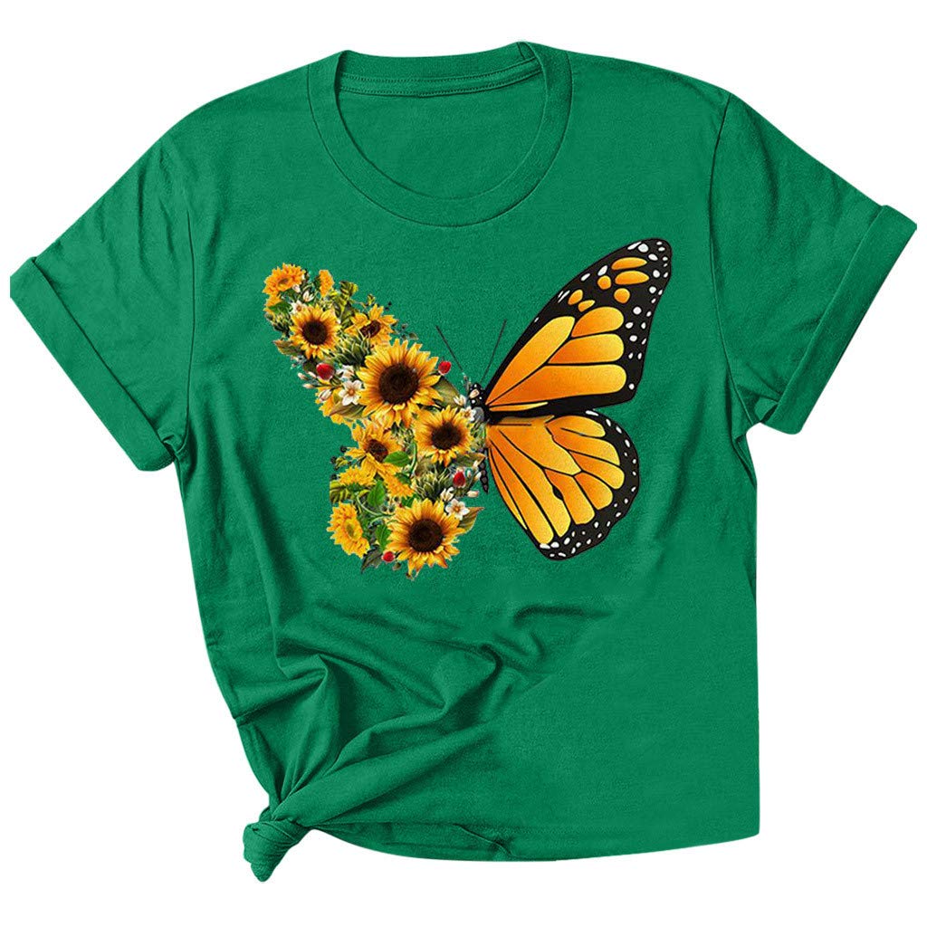 Women's Summer Graphic Tee - Casual Short Sleeve Printed Top with Sunflower & Butterfly Design - Perfect for Beach Outings, Casual Wear & Summer Vacations