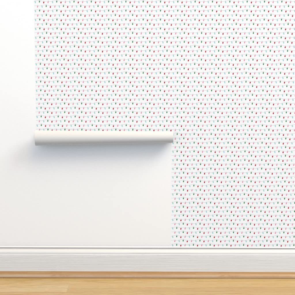 Premium Commercial Grade Wallpaper 27ft x 2ft - Christmas Lights Design in Pink, Green, Blue & Red | Traditional Multi-Color Fabric Wallpaper for Home Decor, Bedroom, Living Room & Office by Spoonflower