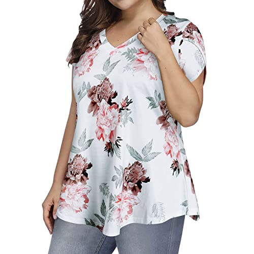 Plus Size Women's Summer Casual T-Shirts - Floral Petal Sleeve Short Sleeve Tunic Tops (White, XXXL) | Perfect for Office Wear, Date Nights & Summer Outfits