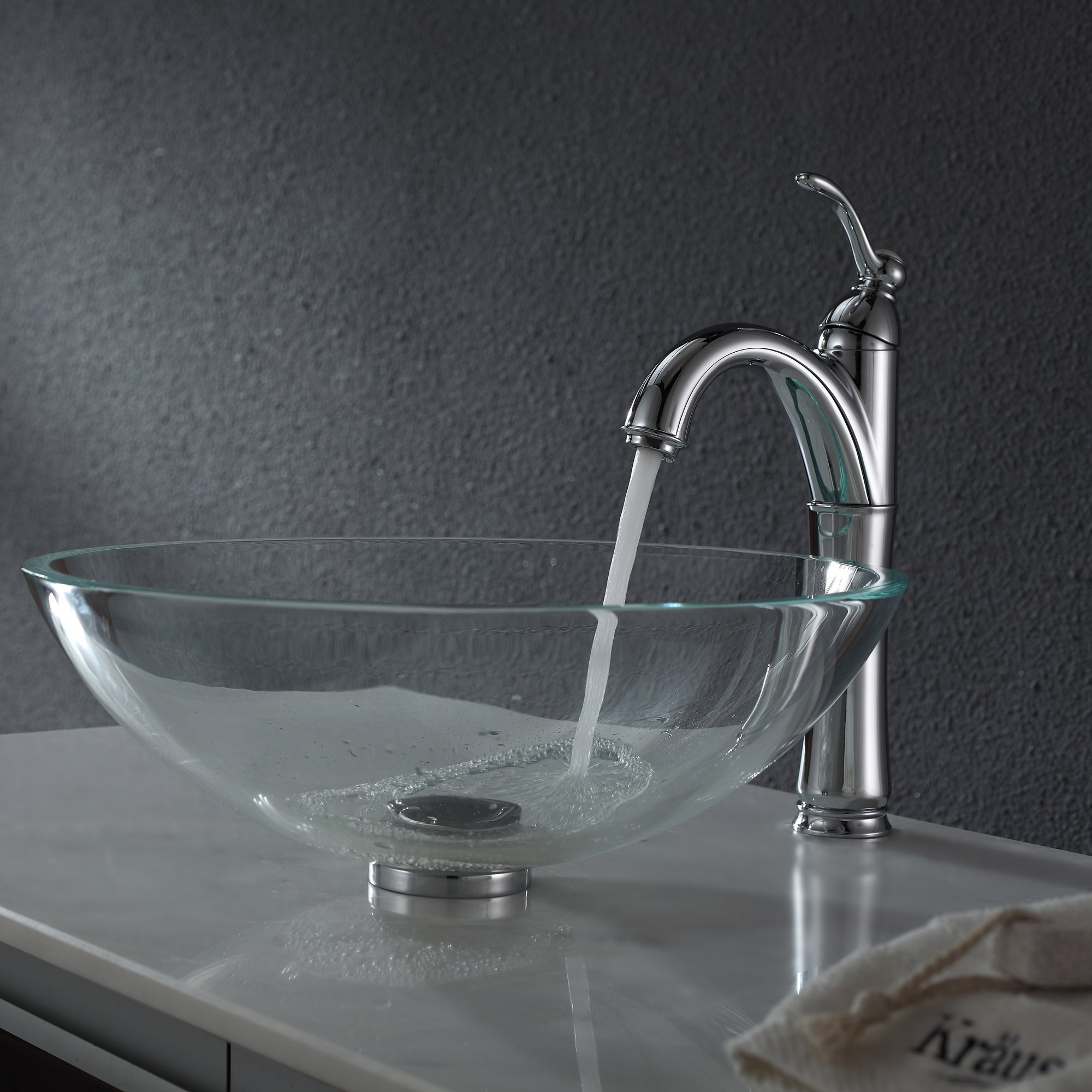 Kraus GV-100-CH Crystal Clear Glass Vessel Bathroom Sink with Chrome PU-MR Finish - Modern Vanity Basin for Contemporary Bathroom Decor