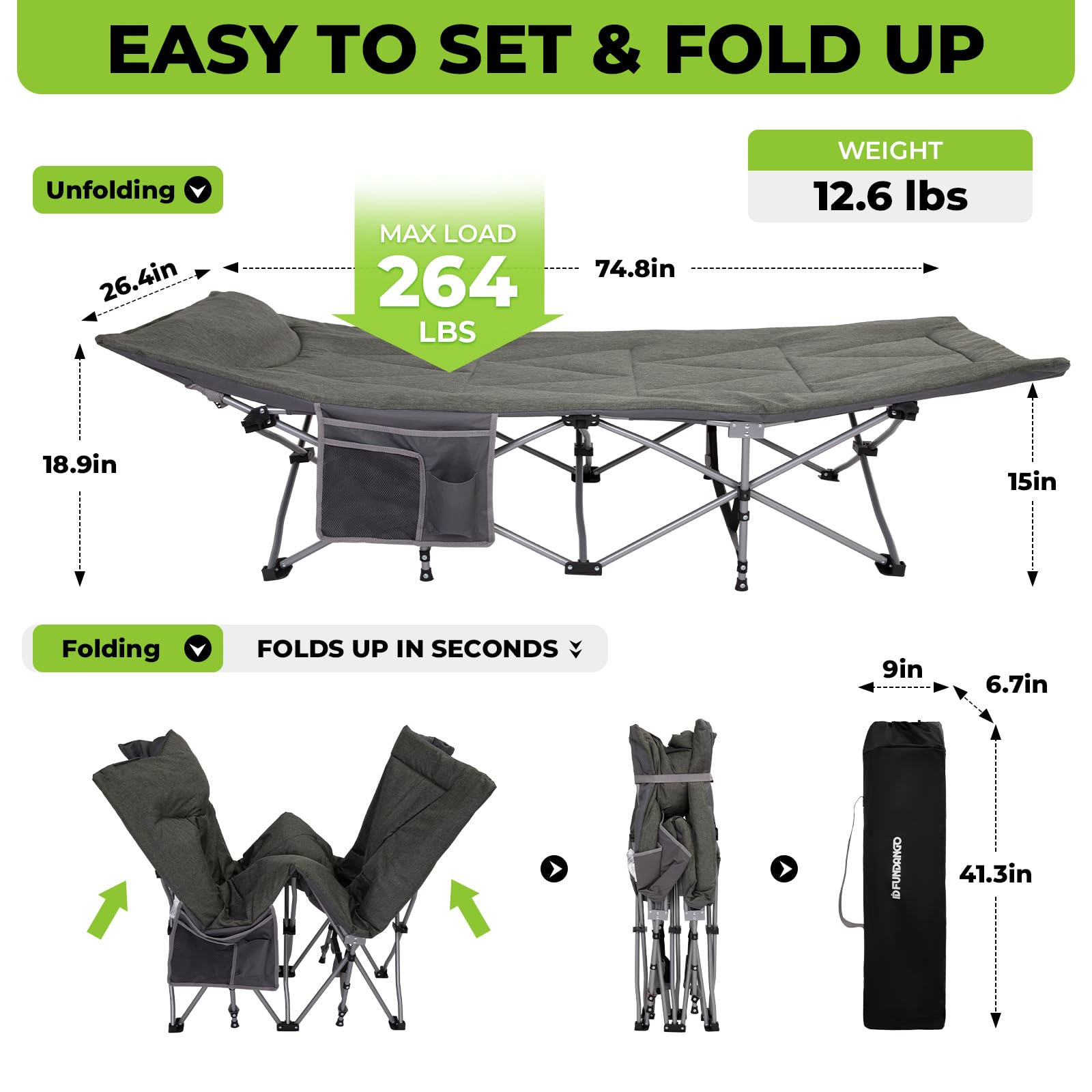 FUNDANGO Heavy Duty Camping Cot for Adults - Portable Folding Camp Bed with Padded Mattress & Carry Bag - Perfect for Outdoor Travel, Hiking, Backpacking & Emergency Preparedness - Gray