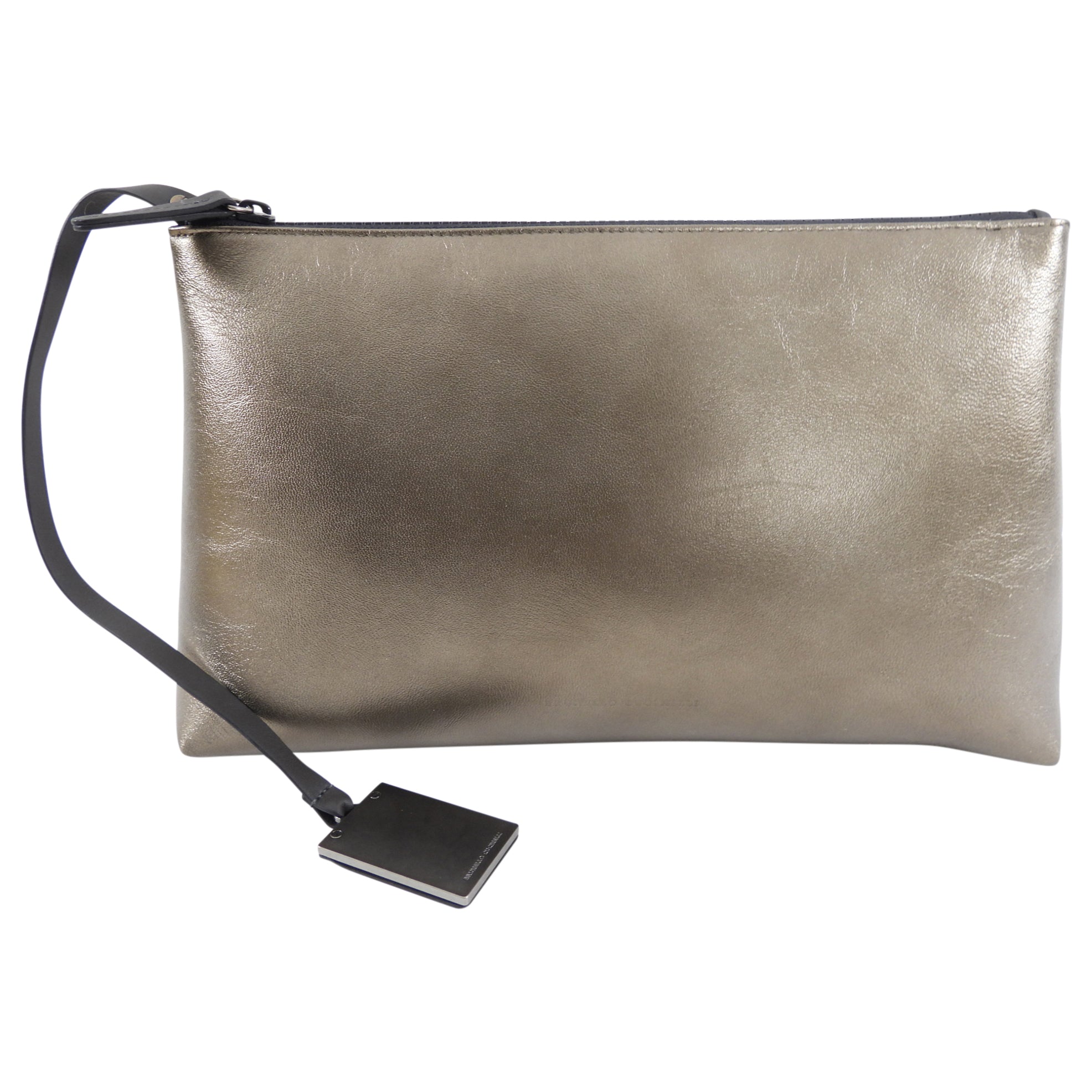 Brunello Cucinelli Pewter Metallic Leather Zip Large Pouch Clutch Bag for Women | Luxury Evening Bag for Parties, Weddings & Special Occasions