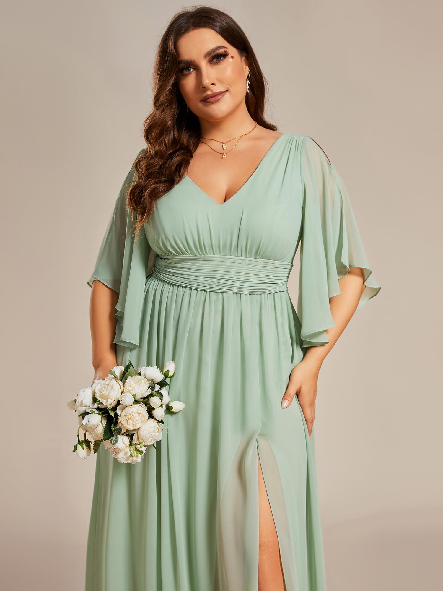 Ever-Pretty Plus Size Women's V-Neck A-Line Floor-Length Bridesmaid Dress with Slit & Half Sleeves (Style 01886-DA) - Perfect for Weddings, Formal Events & Special Occasions