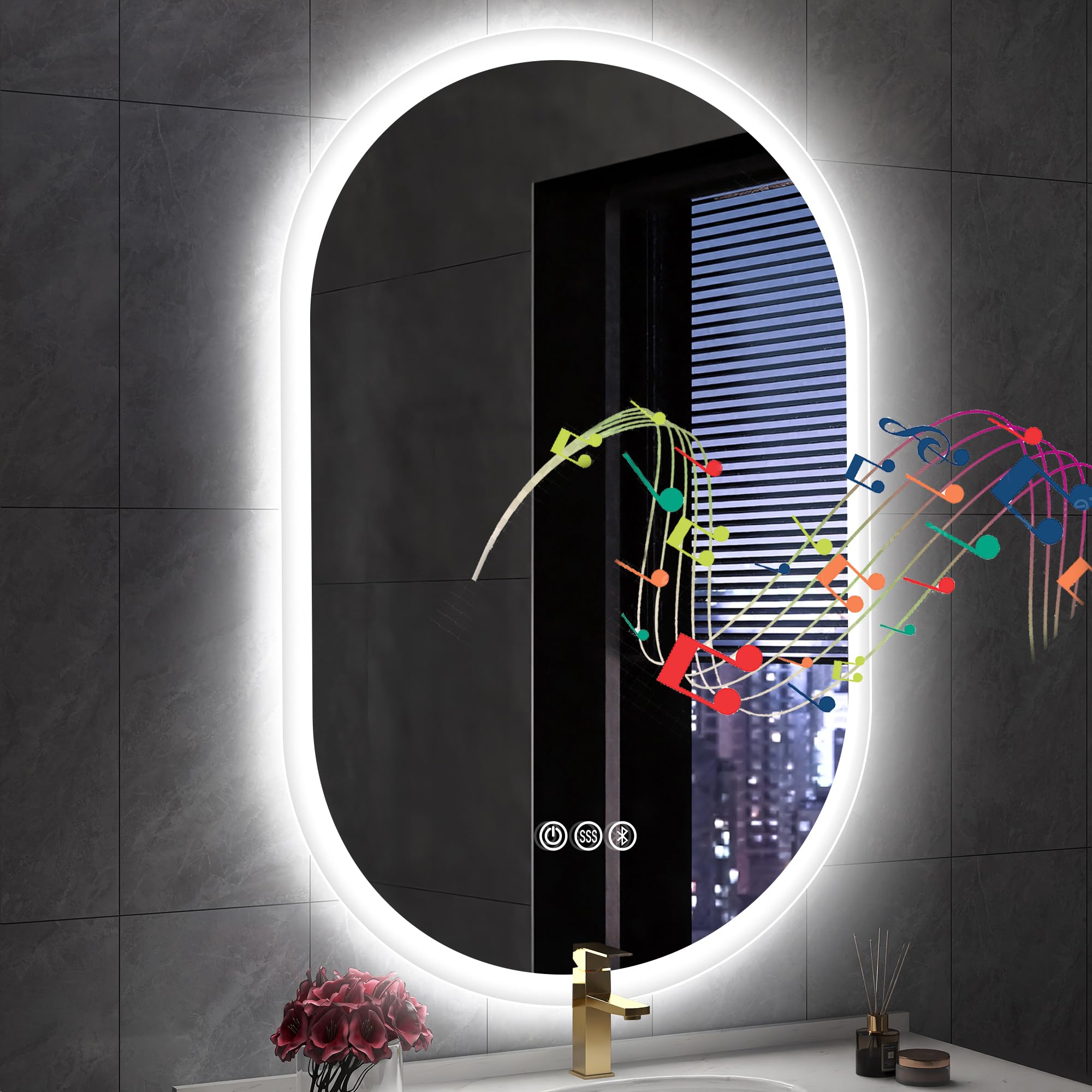 24x36 Inch Oval LED Bathroom Mirror with Anti-Fog, Bluetooth Speaker & Adjustable Lighting - 3 Color Temperatures, Dimmable, Waterproof, Shatterproof - Perfect for Modern Bathrooms, Vanity Makeup & Smart Home Decor