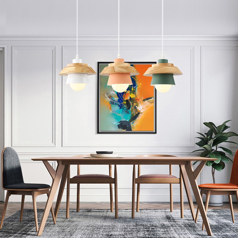 Modern Nordic Iron & Wood Chandelier - Single Head LED Pendant Light in Black, White, Pink, Green - Minimalist Ceiling Lamp for Bedroom, Restaurant & Living Room Decor (White)