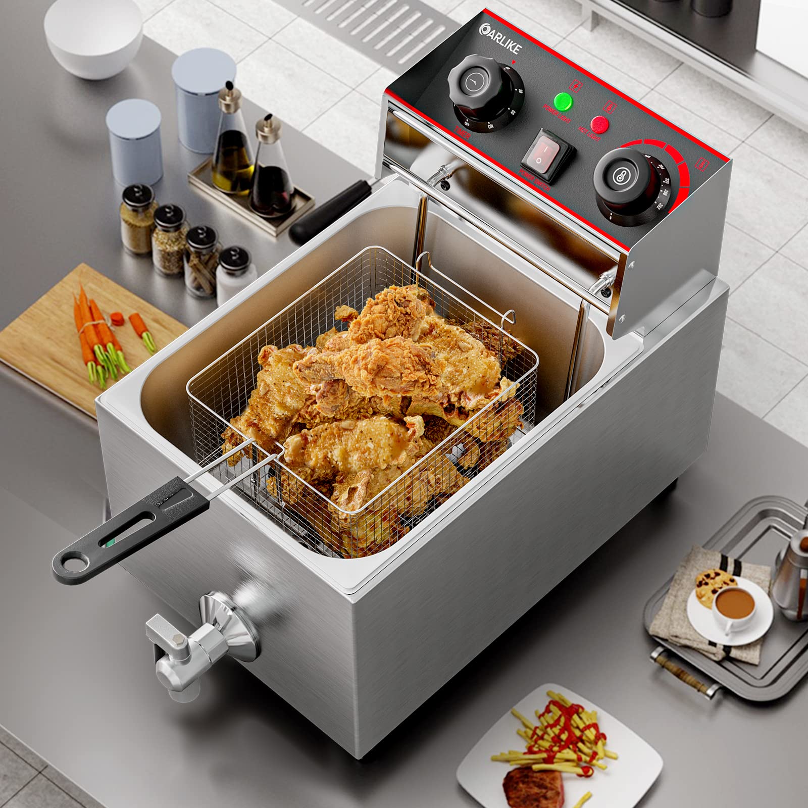 6.3QT Commercial Electric Deep Fryer with 2 Baskets - Stainless Steel Countertop Fryer with Drain Valve, Timer & Temp Control - Perfect for French Fries, Chicken Wings, Fish & More - Restaurant, Food Truck & Home Kitchen Use