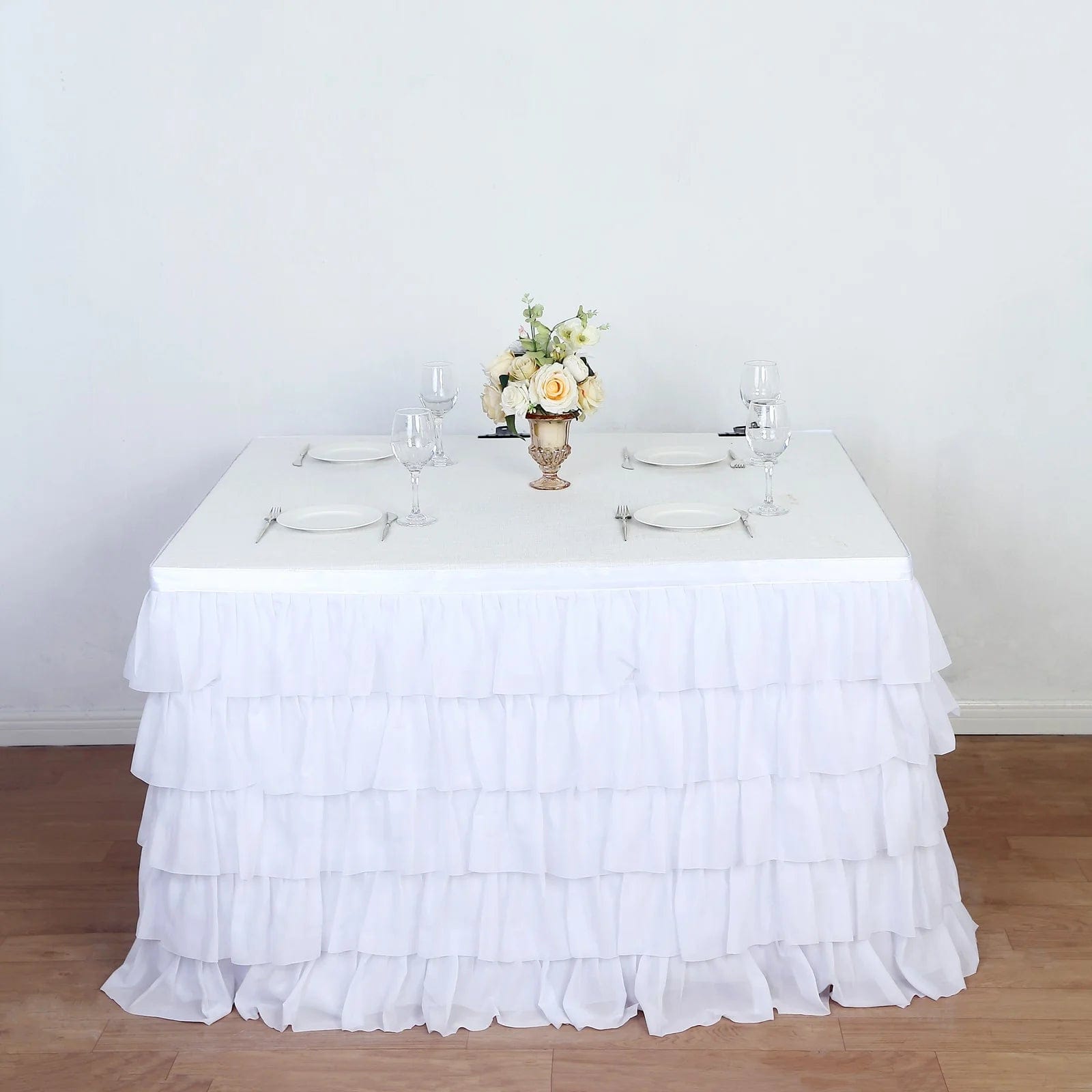 14 ft Chiffon 5 Tier Ruffled Tutu Table Skirt with Satin Backing - Elegant Party Decor for Weddings, Baby Showers & Banquets