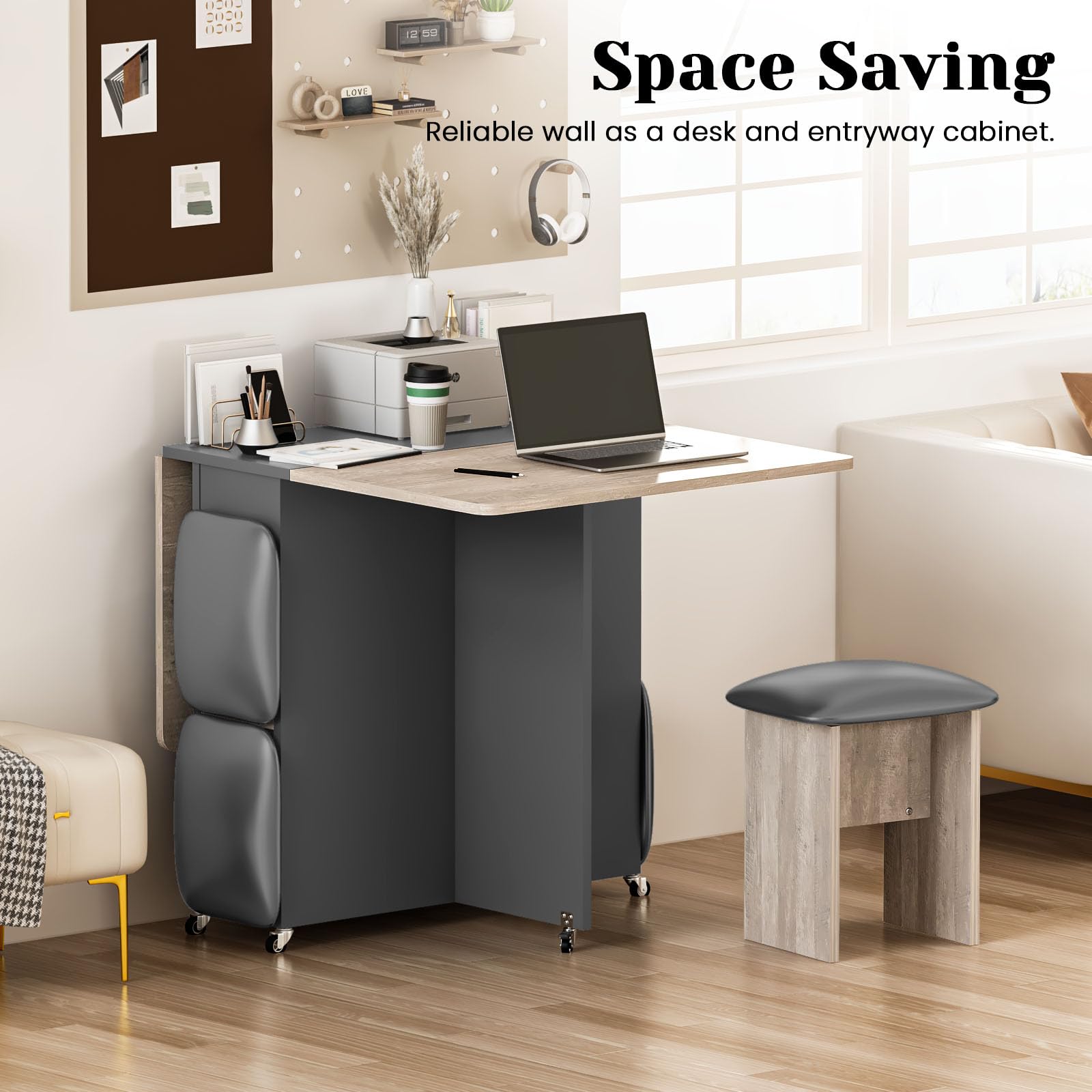Space-Saving 4-Person Folding Dining Table Set with 4 Leather Chairs & Storage Shelves - Foldable Kitchen Table with 6 Wheels for Small Apartments (Grey) | Perfect for Compact Homes, Studio Apartments & Multi-Functional Spaces