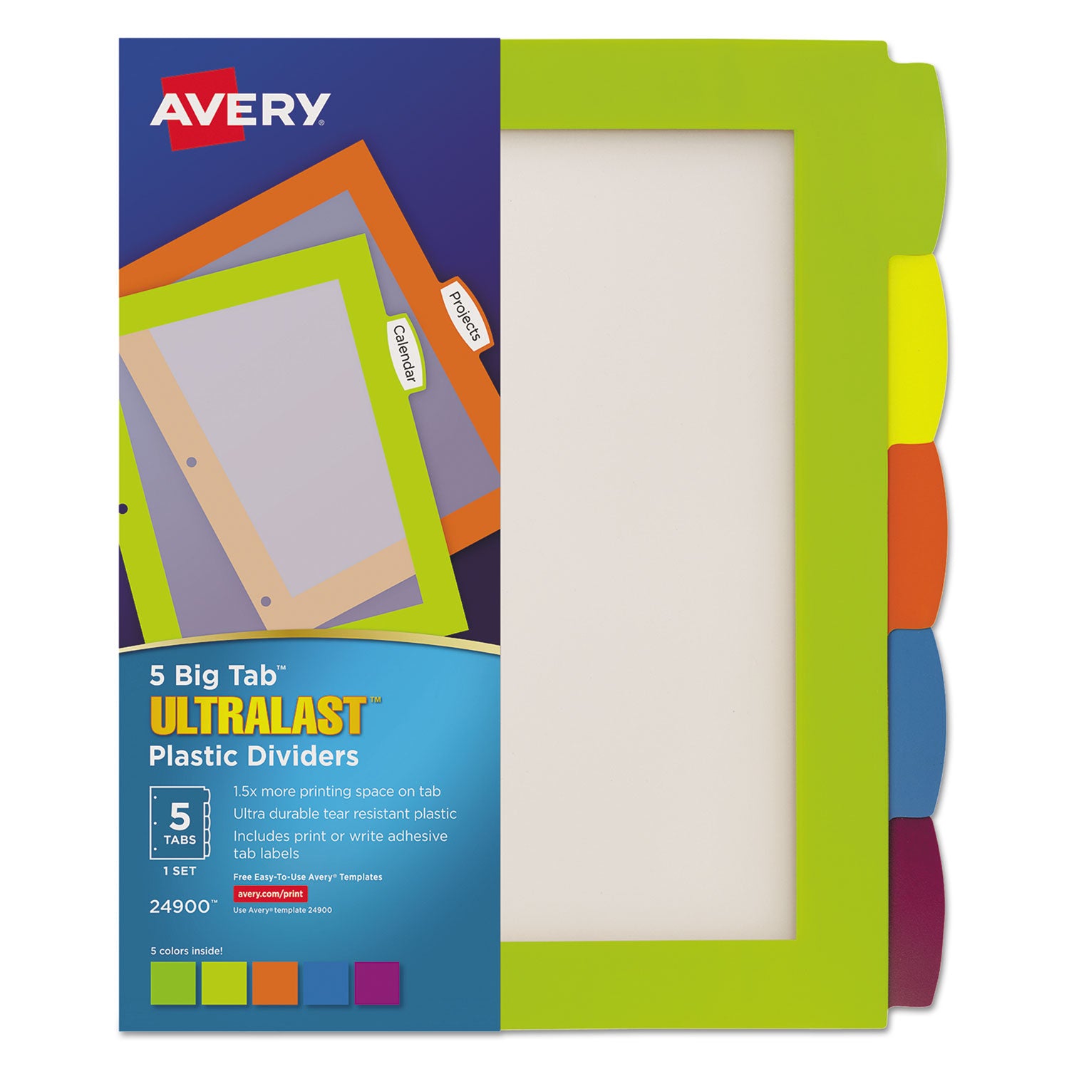 Avery® Big Tab Ultralast Plastic Dividers - 5-Tab, 11 x 8.5 Inches, Assorted Colors, 1 Set - Durable File Organizer for Office, School, and Home Use