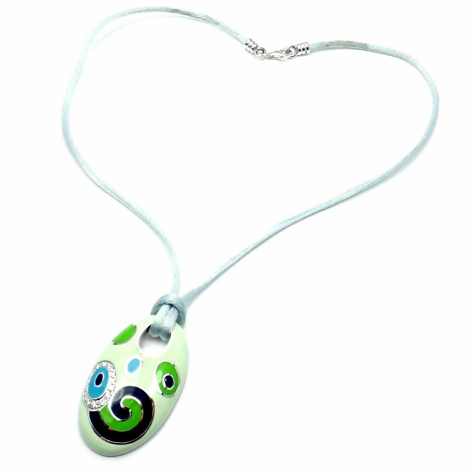 Roberto Coin 18k White Gold Diamond Green Enamel Silk Cord Pendant Necklace for Women - Elegant Jewelry Gift for Birthday, Anniversary & Special Occasions