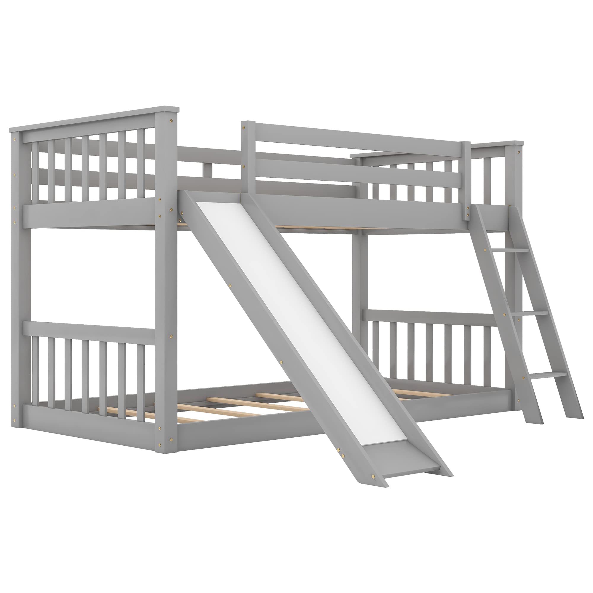Harper & Bright Designs Solid Wood Twin Over Twin Bunk Bed with Slide & Ladder - Kids & Teens Low Bunk Bed Frame with Safety Guardrail - Grey - Perfect for Small Bedrooms, Shared Kids Rooms & Sleepovers