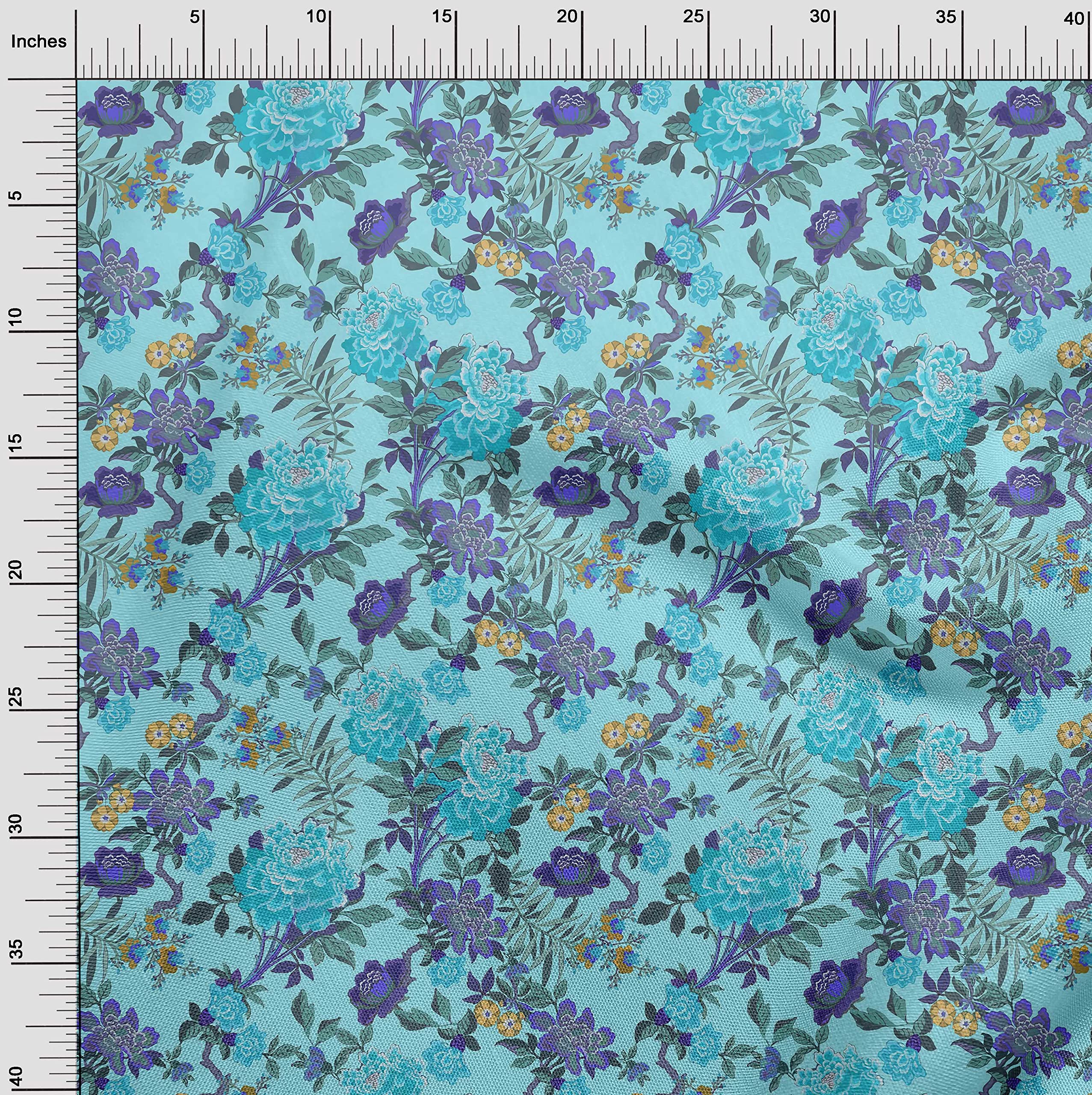 oneOone Polyester Spandex Aqua Blue Floral Print Fabric - 56 Inch Wide for DIY Clothing, Quilting & Home Decor | Soft Stretch Material for Dresses, Curtains & Craft Projects