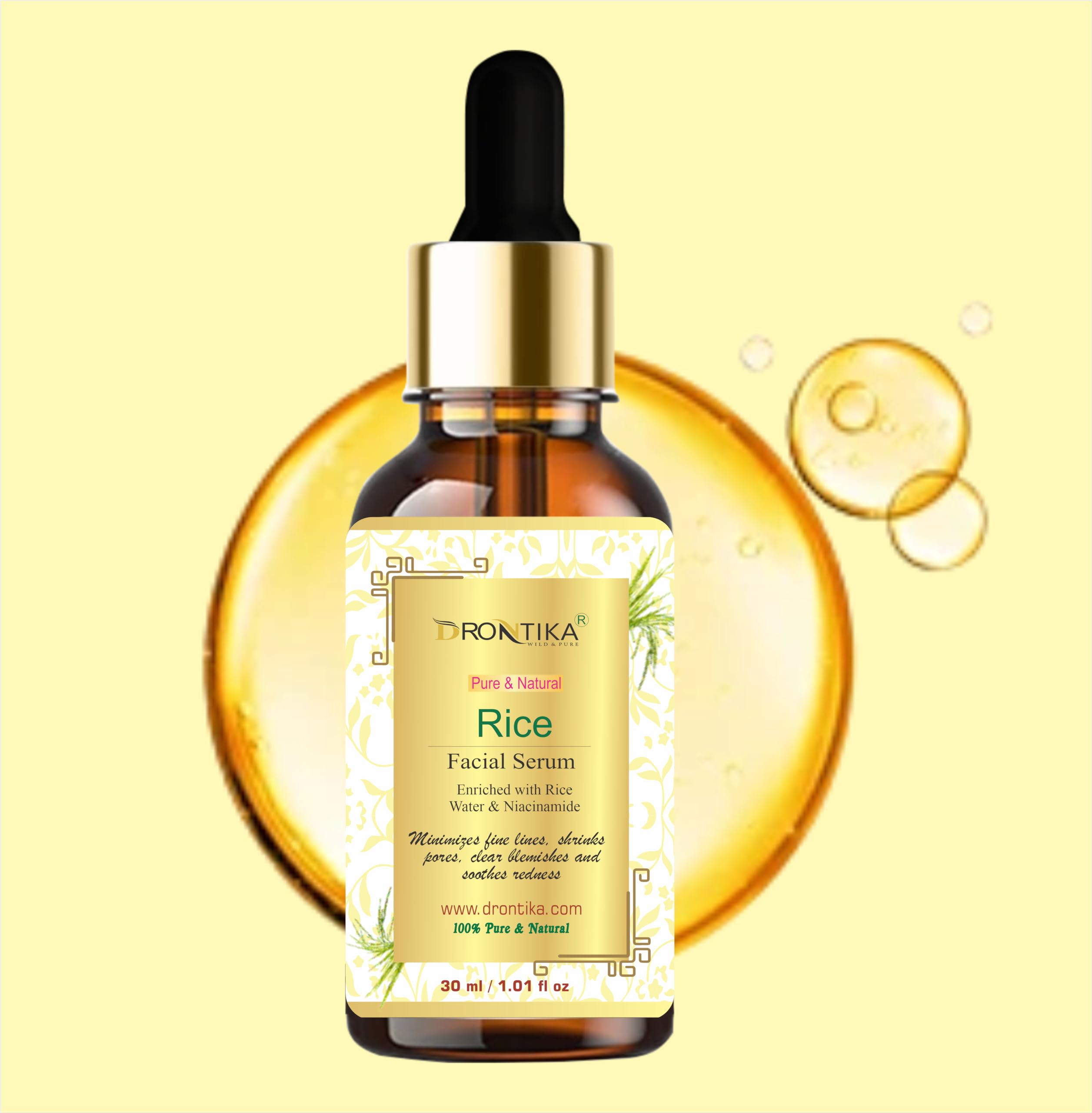 Drontika Rice Face Serum for Glowing Skin - Rice Water & Niacinamide Formula for Glass Skin - 30ml Hydrating Facial Serum | Perfect for Daily Skincare Routine & Nighttime Hydration
