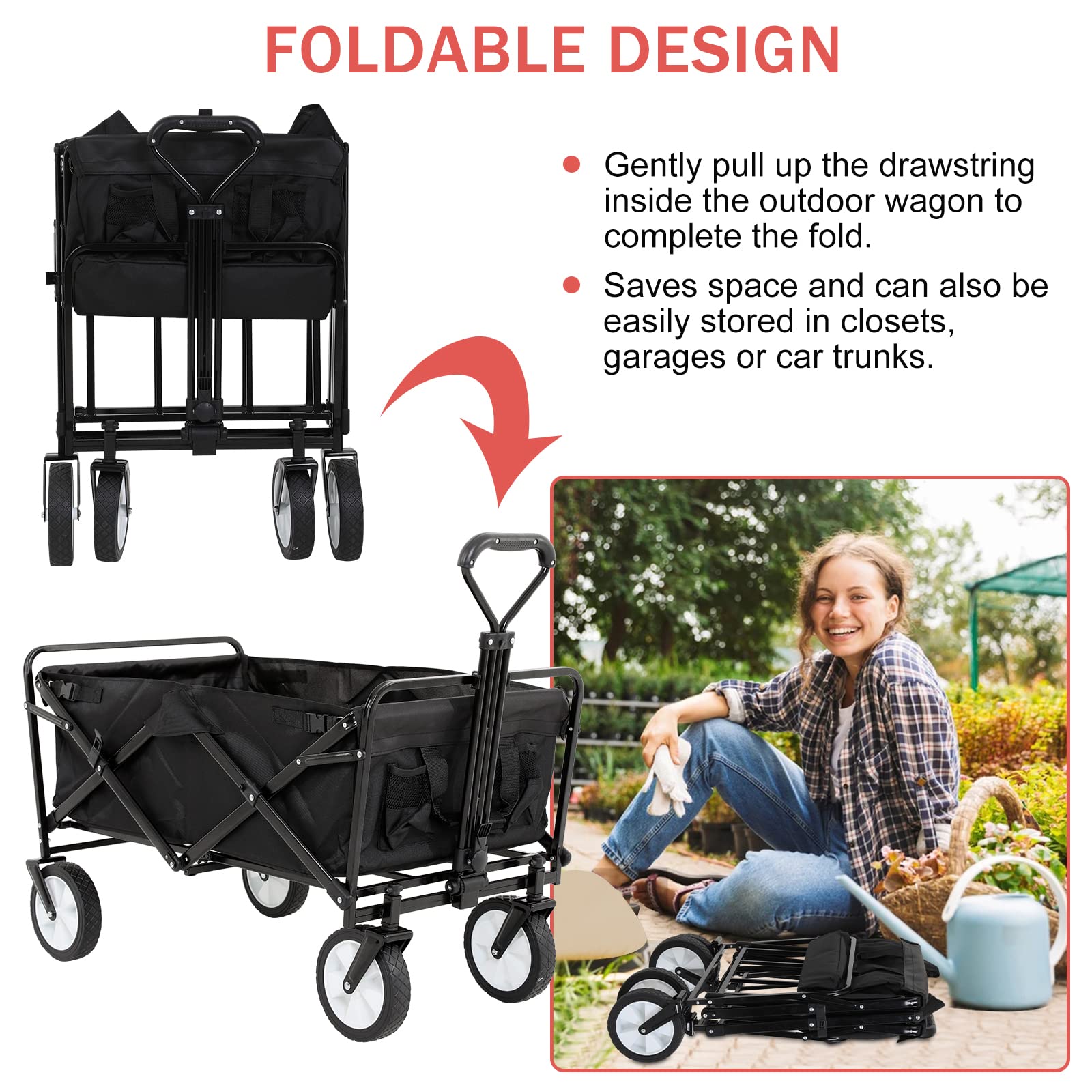 Heavy Duty Collapsible Utility Cart - Folding Wagon with Large Capacity for Shopping, Groceries, Camping & Beach | Portable Outdoor Wagon with 2 Cup Holders & Wheels | Perfect for Garden, Picnics, and Home Use (FW-GT1061-Black)