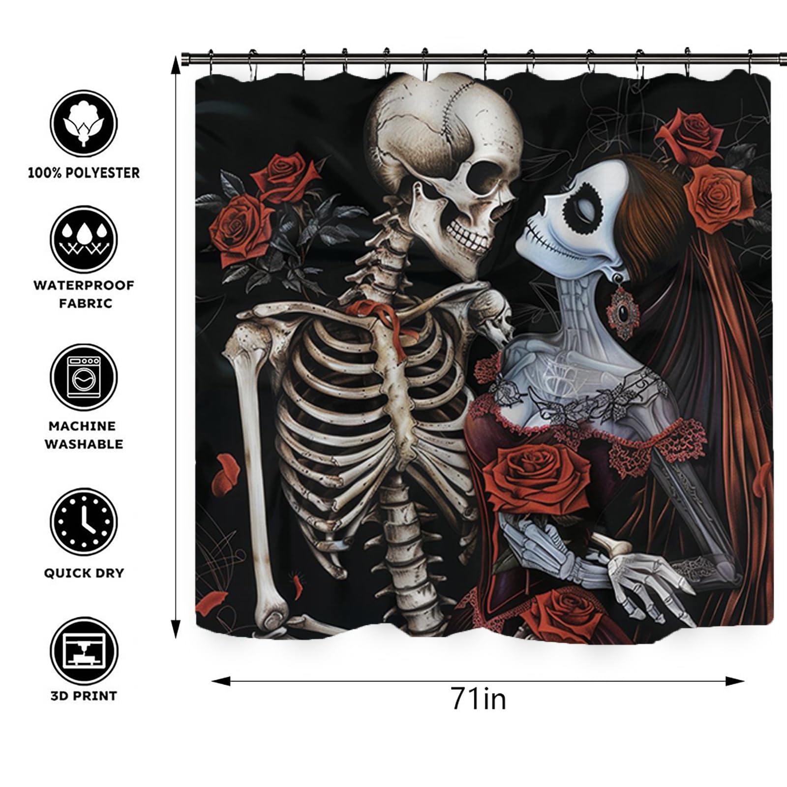 **Halloween Bathroom Set - 4 Pcs Red Rose Skull Couple Shower Curtain, Waterproof U-Shape Rug & Toilet Cover with Hooks, Gothic Decor for Spooky Bathroom Makeover - Perfect for Halloween Parties & Themed Home Decor**