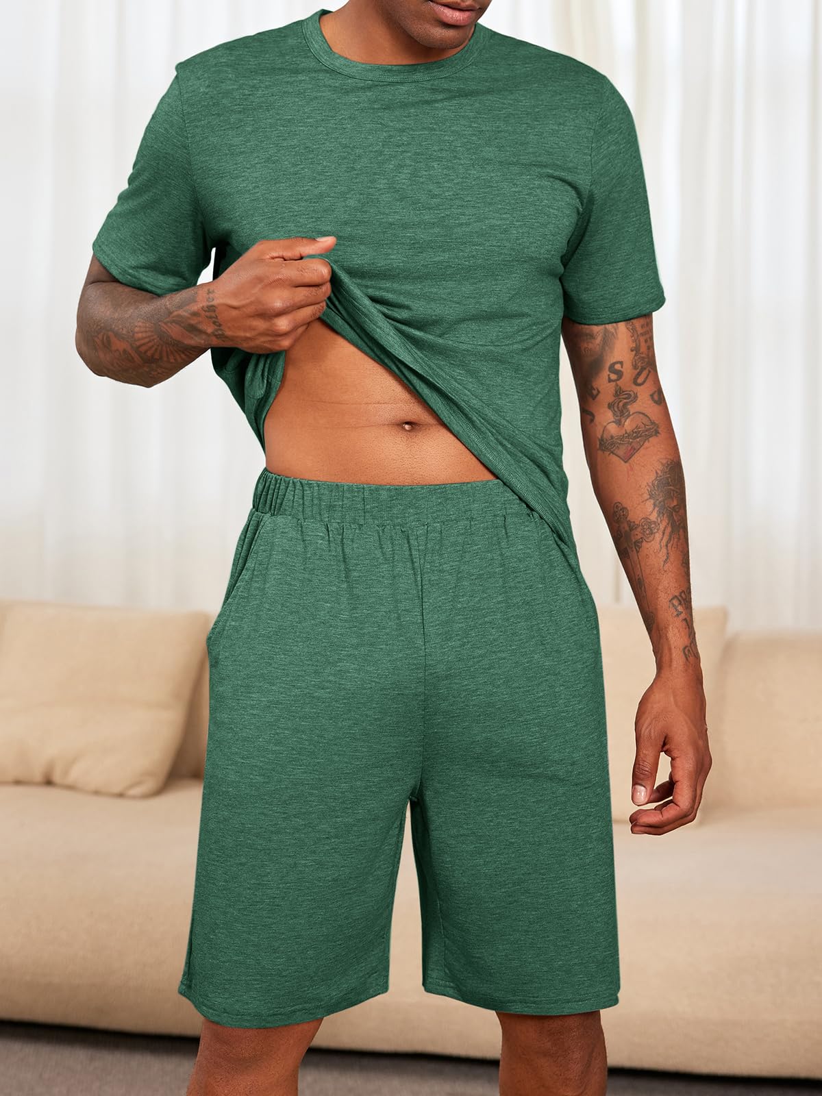Runcati Men's Pajama Sets - 2 Piece Short Sleeve T-Shirt & Lounge Shorts - Breathable Summer Sleepwear for Relaxing at Home or Vacation